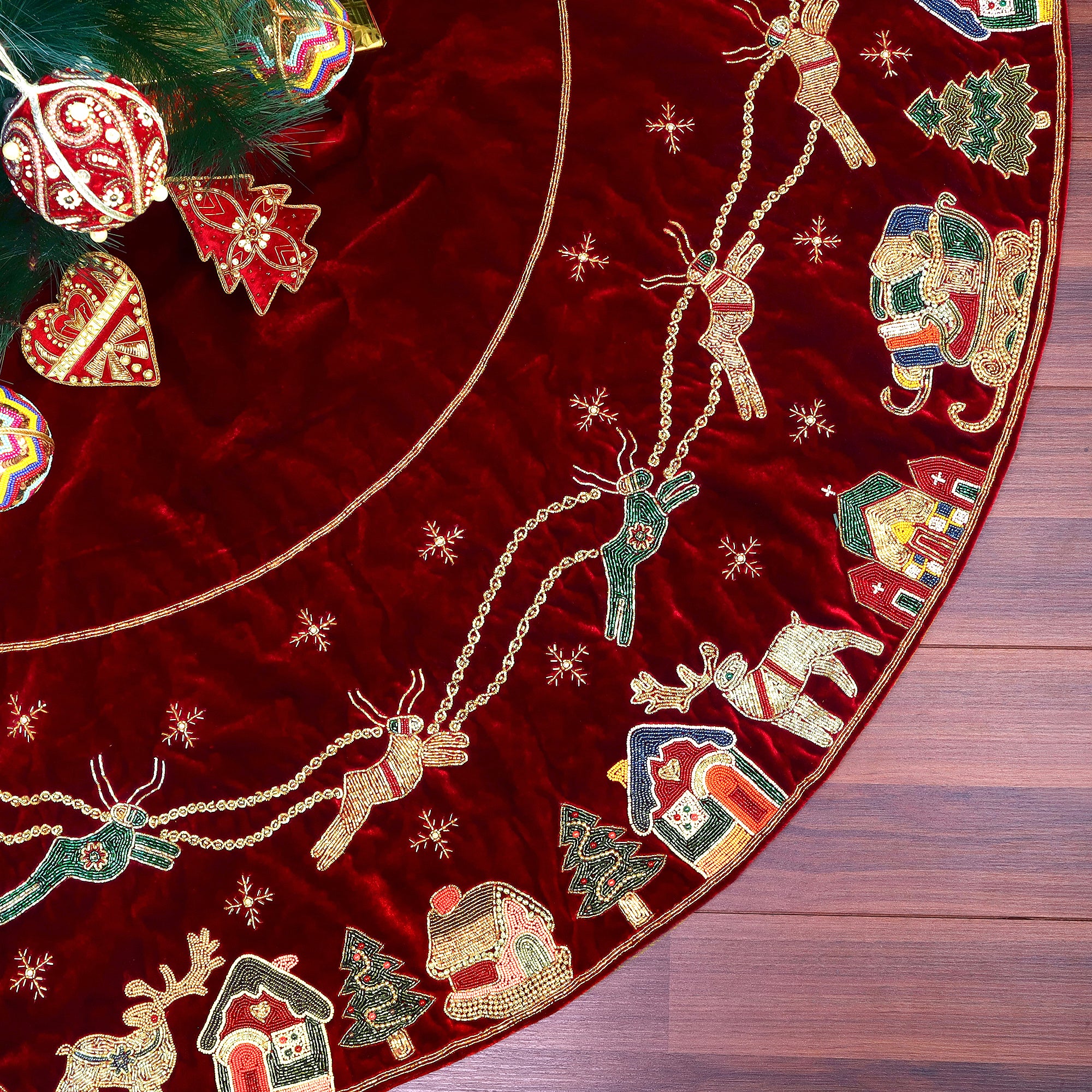 Reindeer Over the City Red Velvet Christmas Tree Skirt