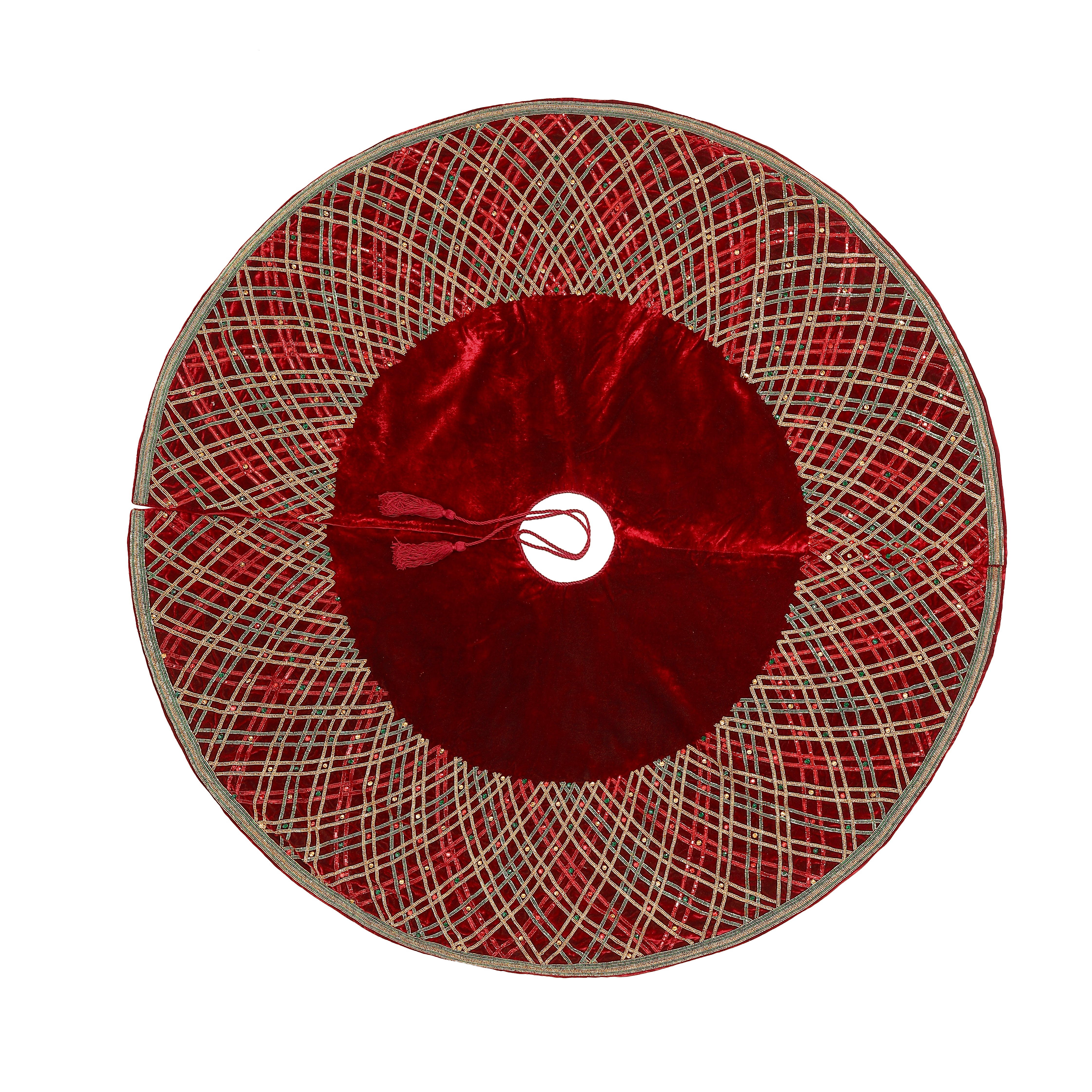 Sparkling Plaid Gemstone Red Velvet Christmas Tree Skirt