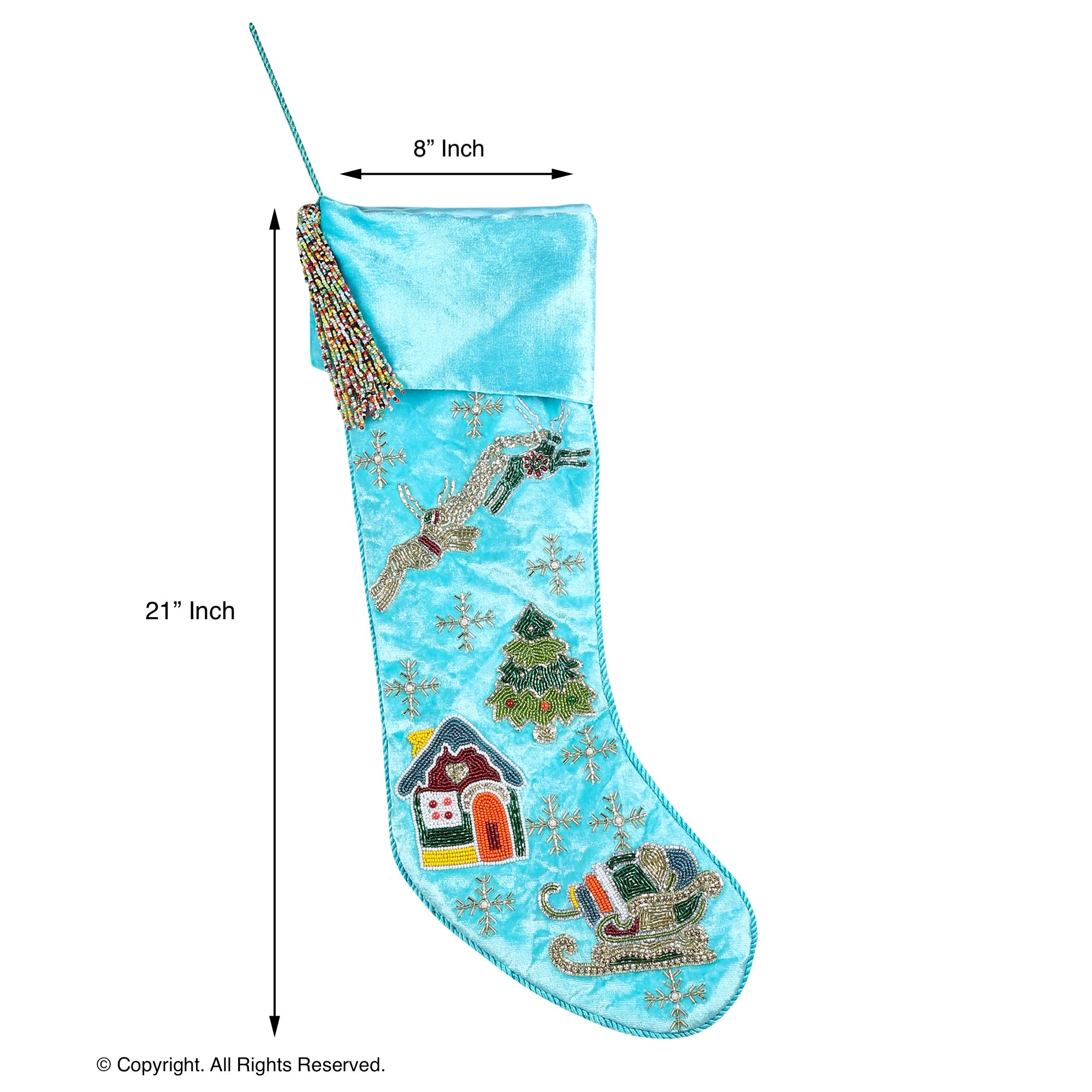 PERSONALISED 'REINDEER OVER THE CITY' BLUE VELVET CHRISTMAS STOCKING