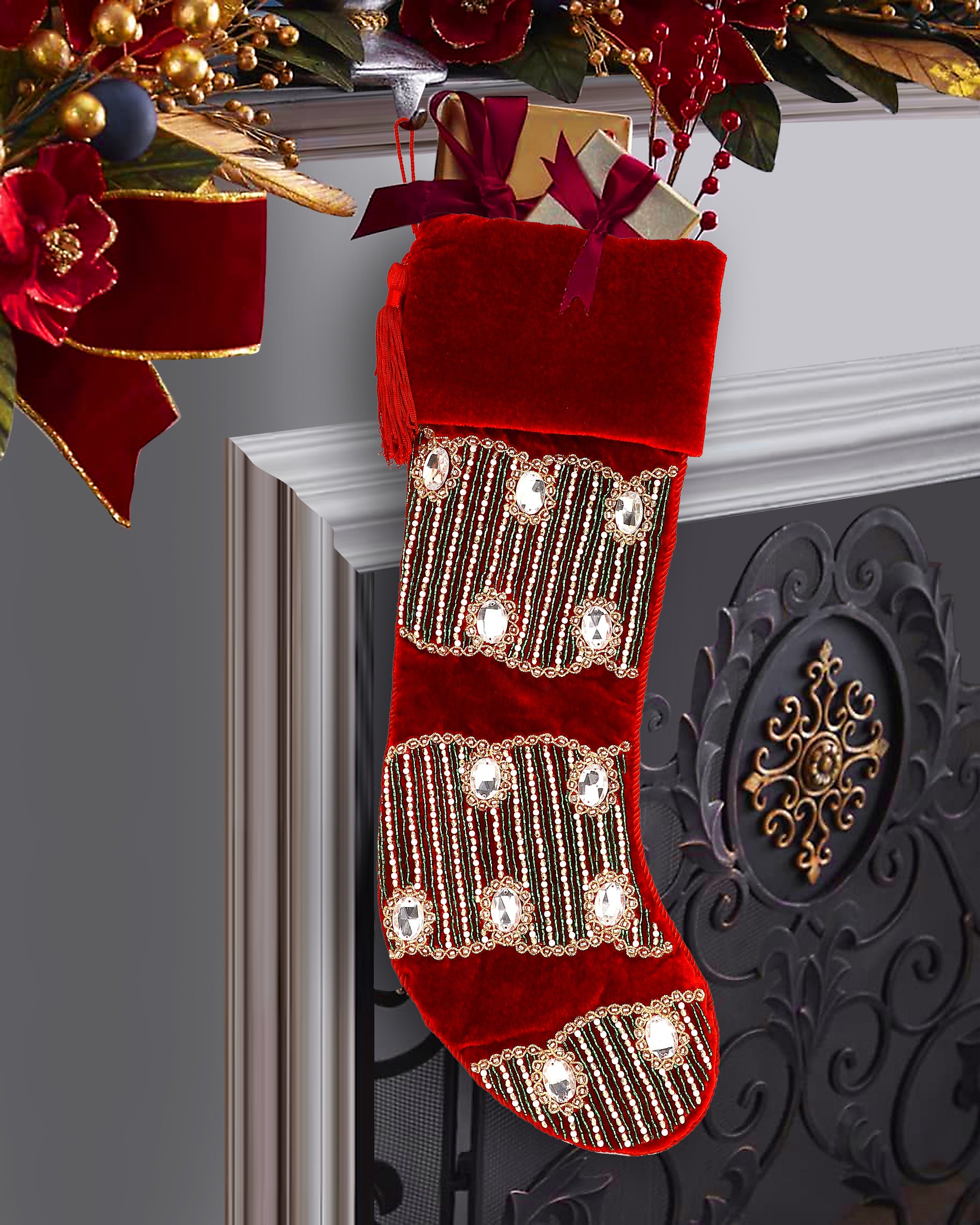 GOLD & RED 4 PIECE CHRISTMAS STOCKING SET