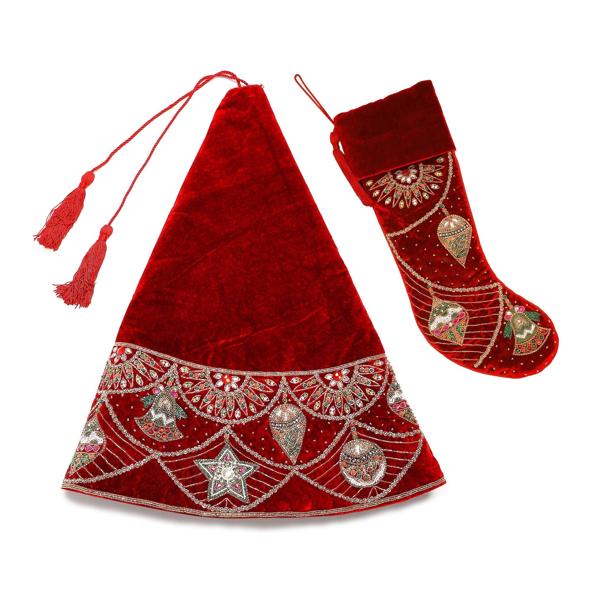 Ornament Charm Red Velvet Christmas Tree Skirt & Matching Christmas Stocking Set