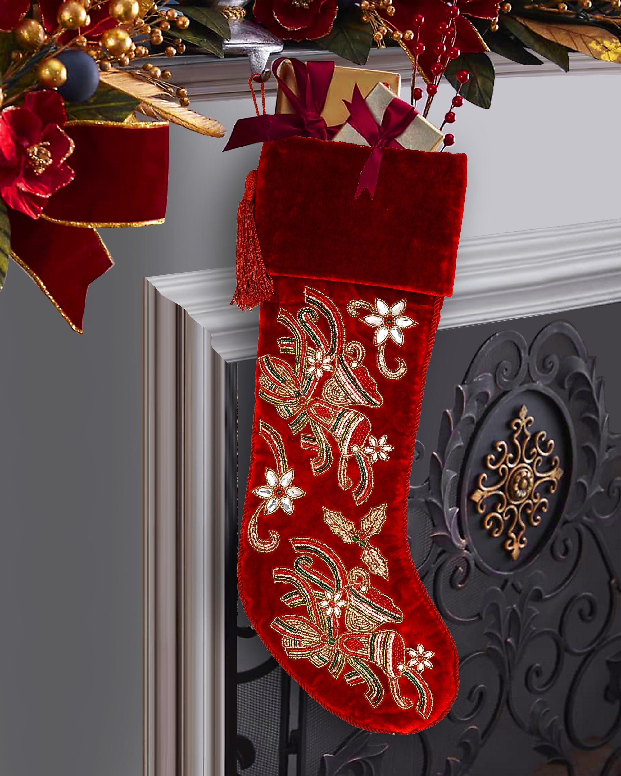 PERSONALISED CHRISTMAS BELLS EMBROIDED RED VELVET CHRISTMAS STOCKING