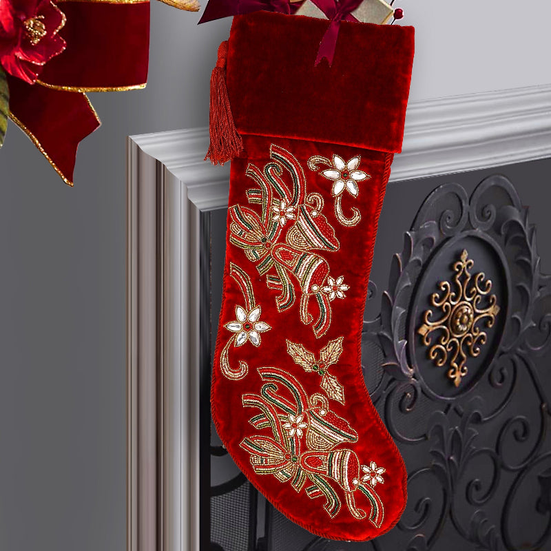 PERSONALISED CHRISTMAS BELLS EMBROIDED RED VELVET CHRISTMAS STOCKING