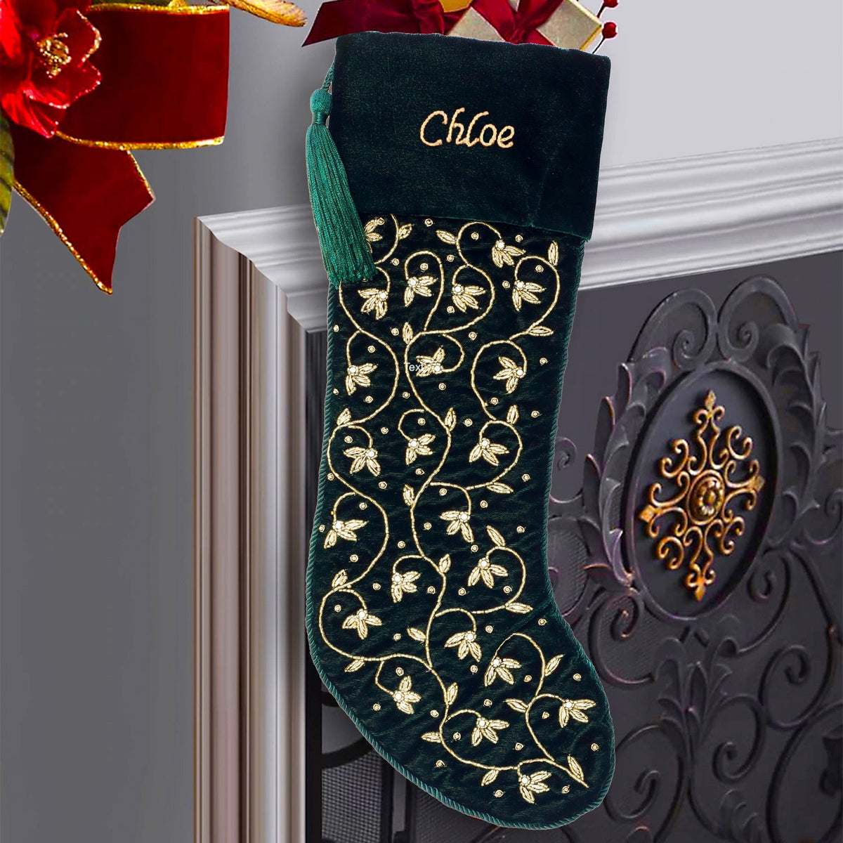 Personalised Intricate leaf Christmas Stocking- Green Velvet Christmas stocking Embroided with intricate leaf