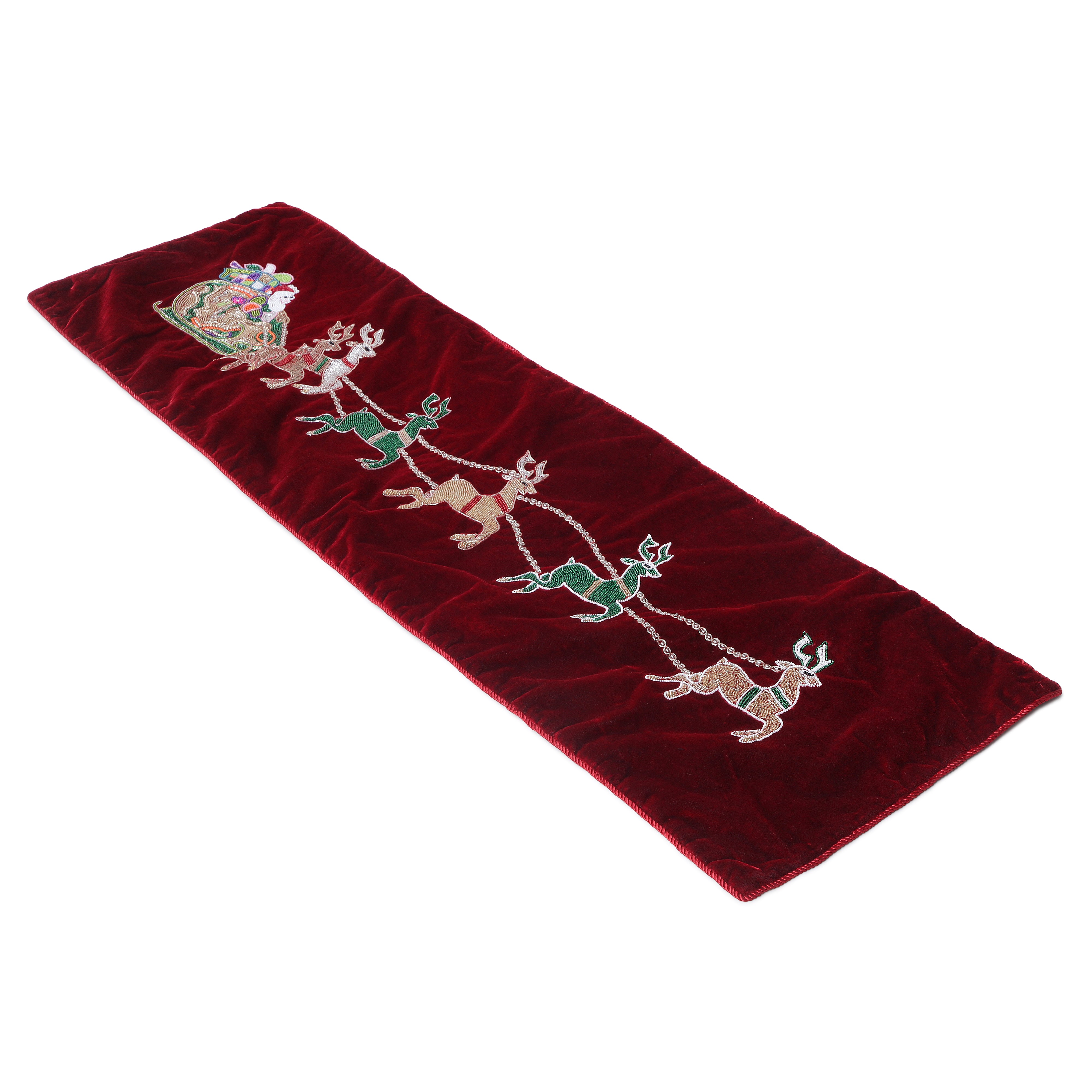 Red Velvet Christmas Runner with Santa Reindeer carriage