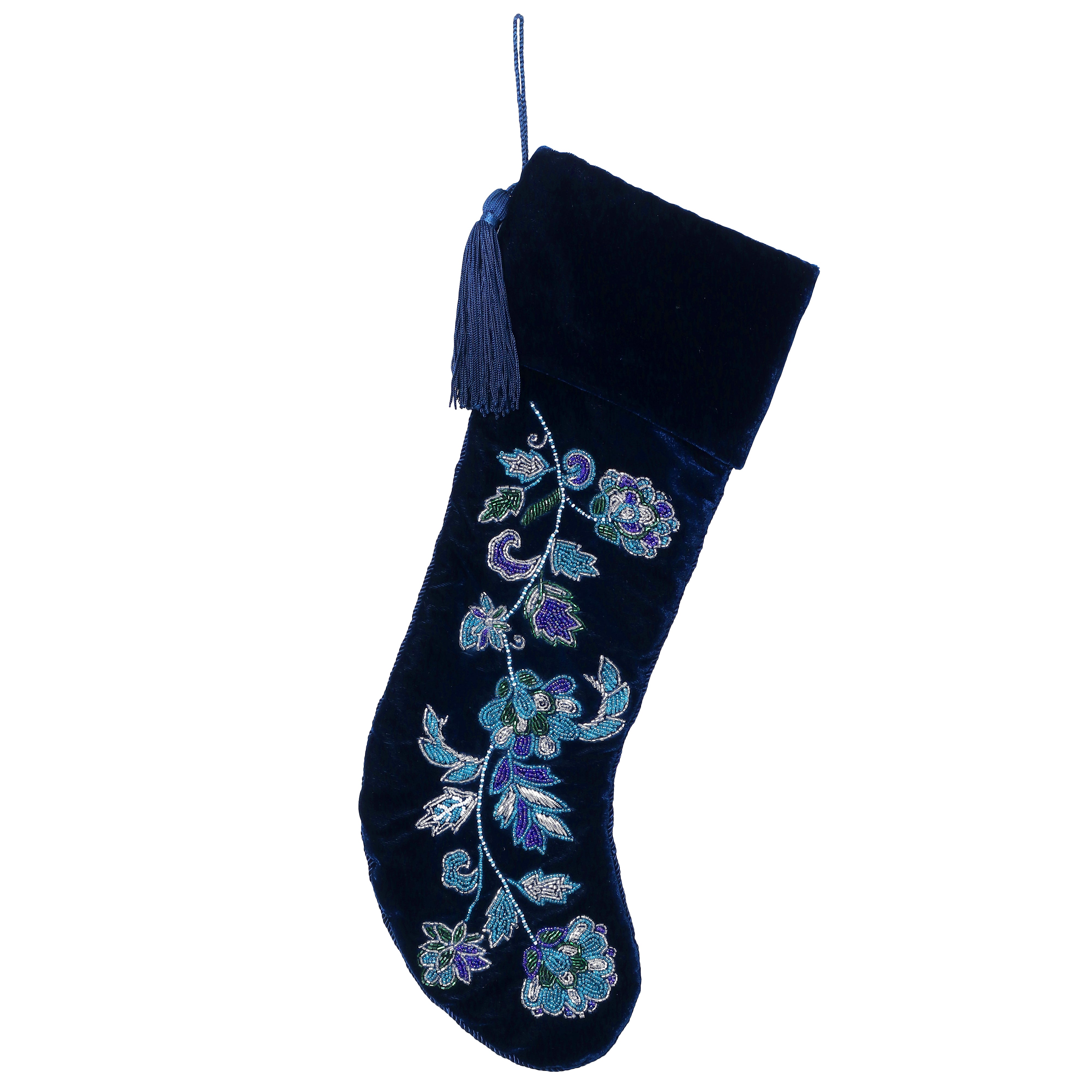 PERSONALISED NAVY BLUE FLORAL VELVET CHRISTMAS STOCKING