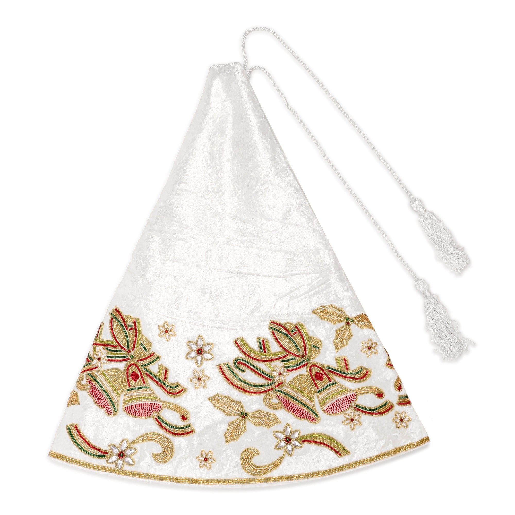 Christmas Bells Embroided White Velvet Christmas Tree Skirt