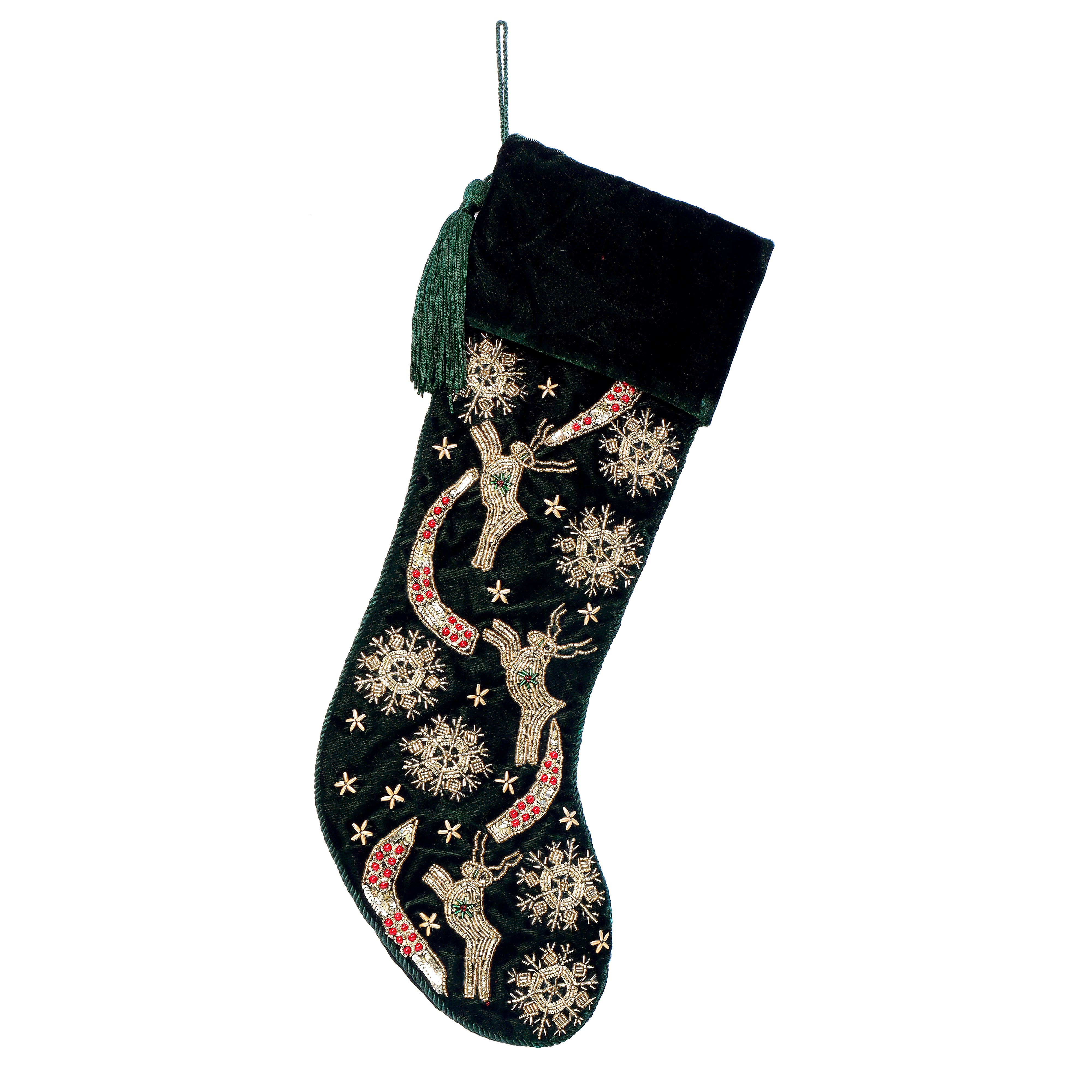 PERSONALISED REINDEER SNOWFLAKE GREEN VELVET CHRISTMAS STOCKING
