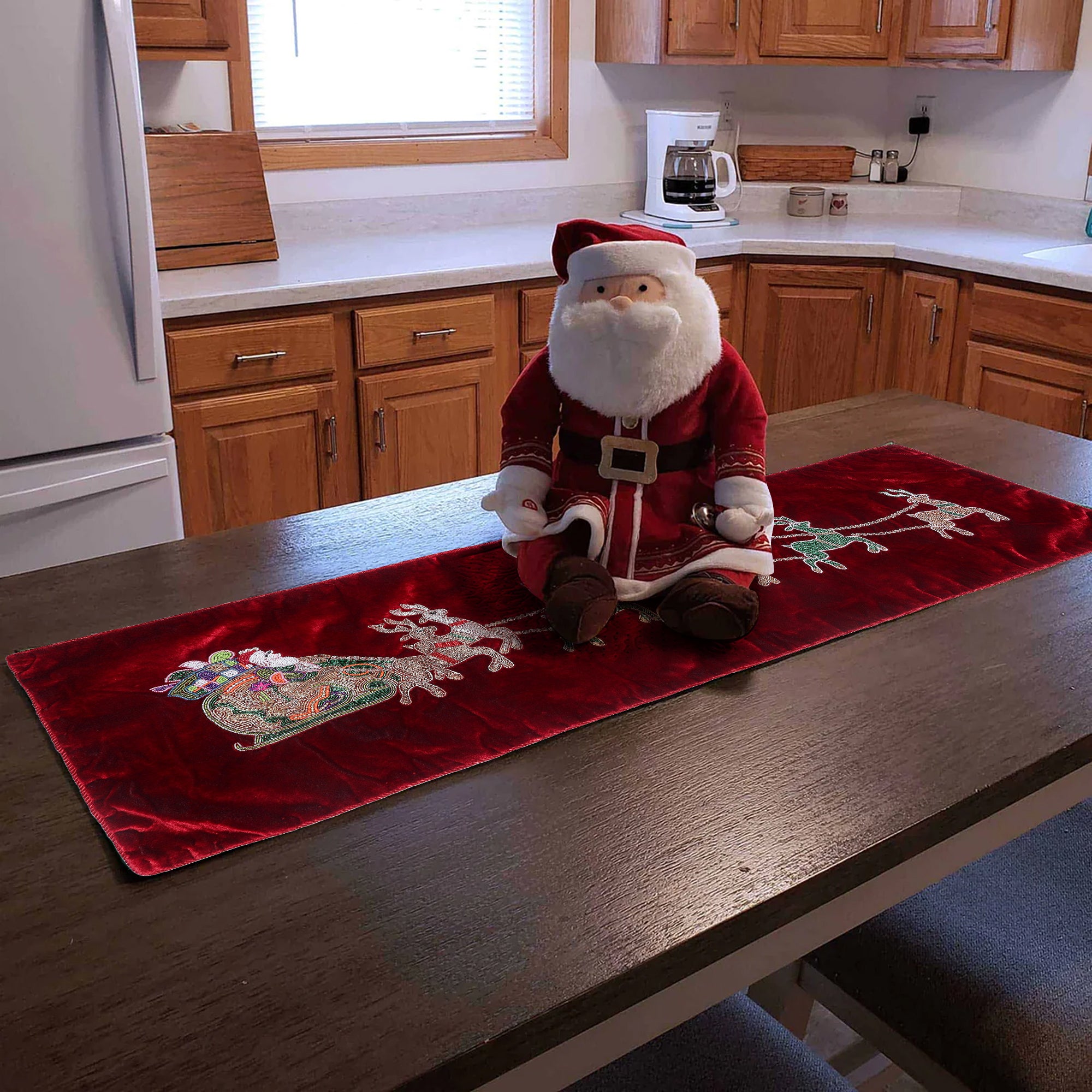 Red Velvet Christmas Runner with Santa Reindeer carriage