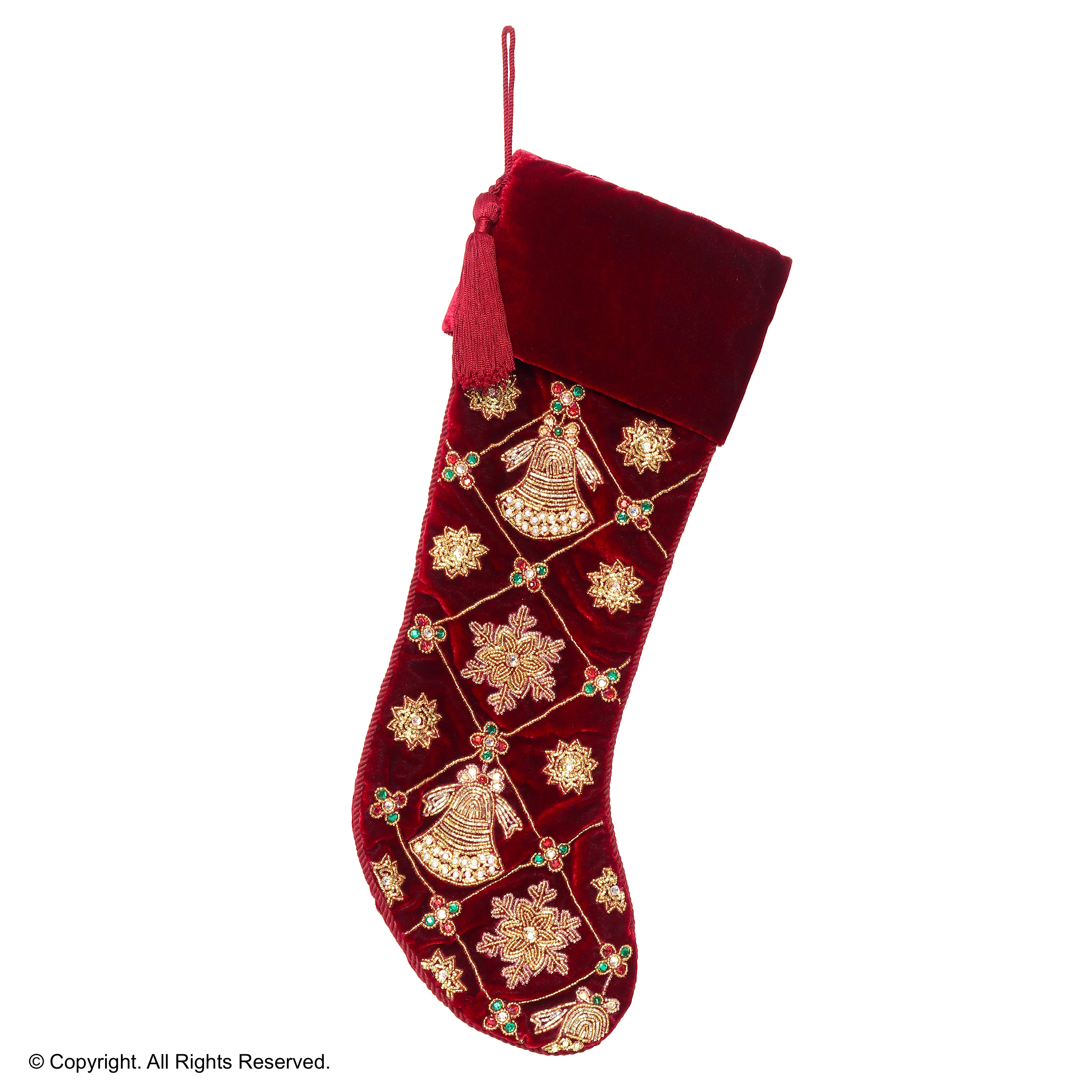 PERSONALISED JINGLE BELL AND SNOWFLAKE MAGIC RED VELVET CHRISTMAS STOCKING