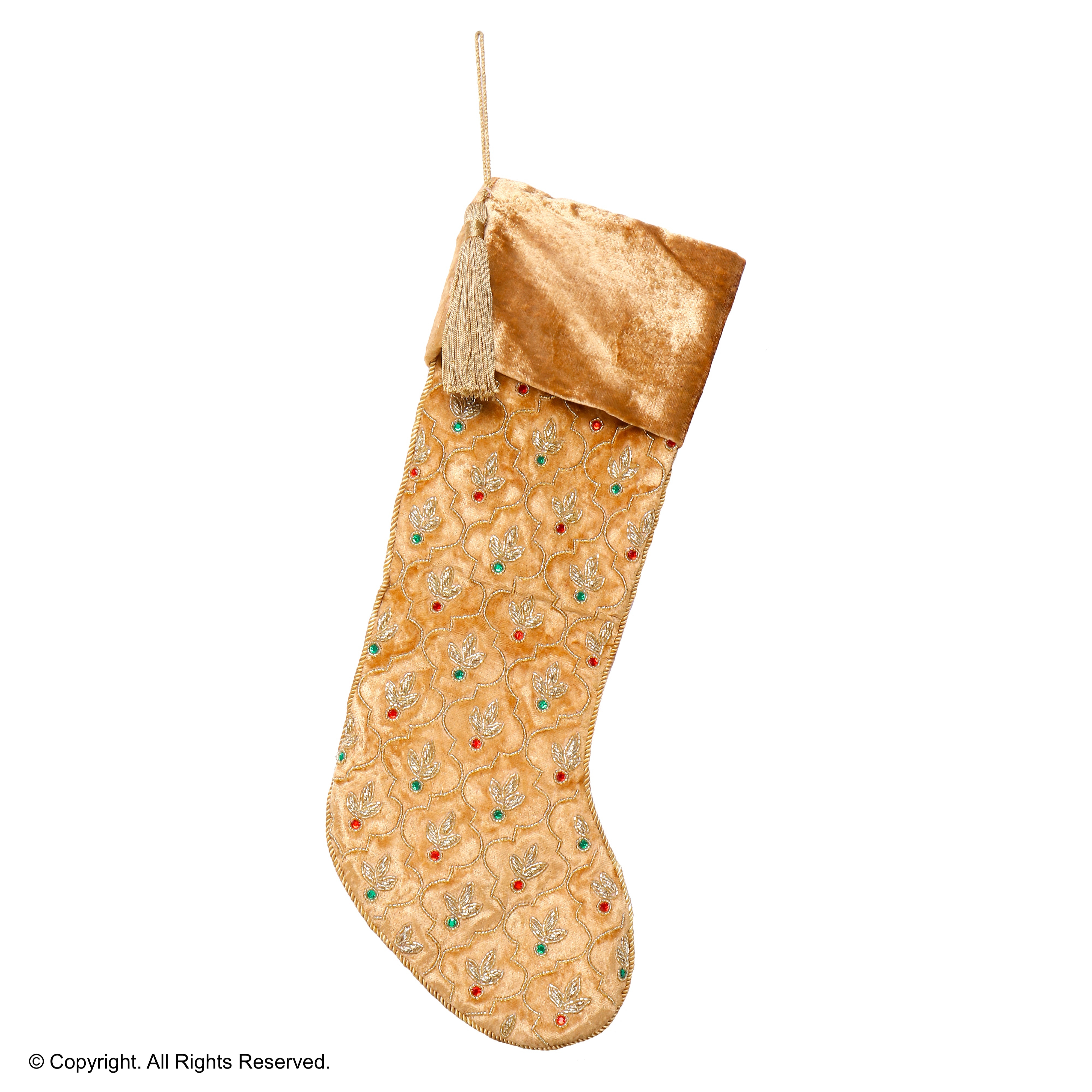 PERSONALISED GOLD VELVET INTRICATE LEAF CHRISTMAS STOCKING