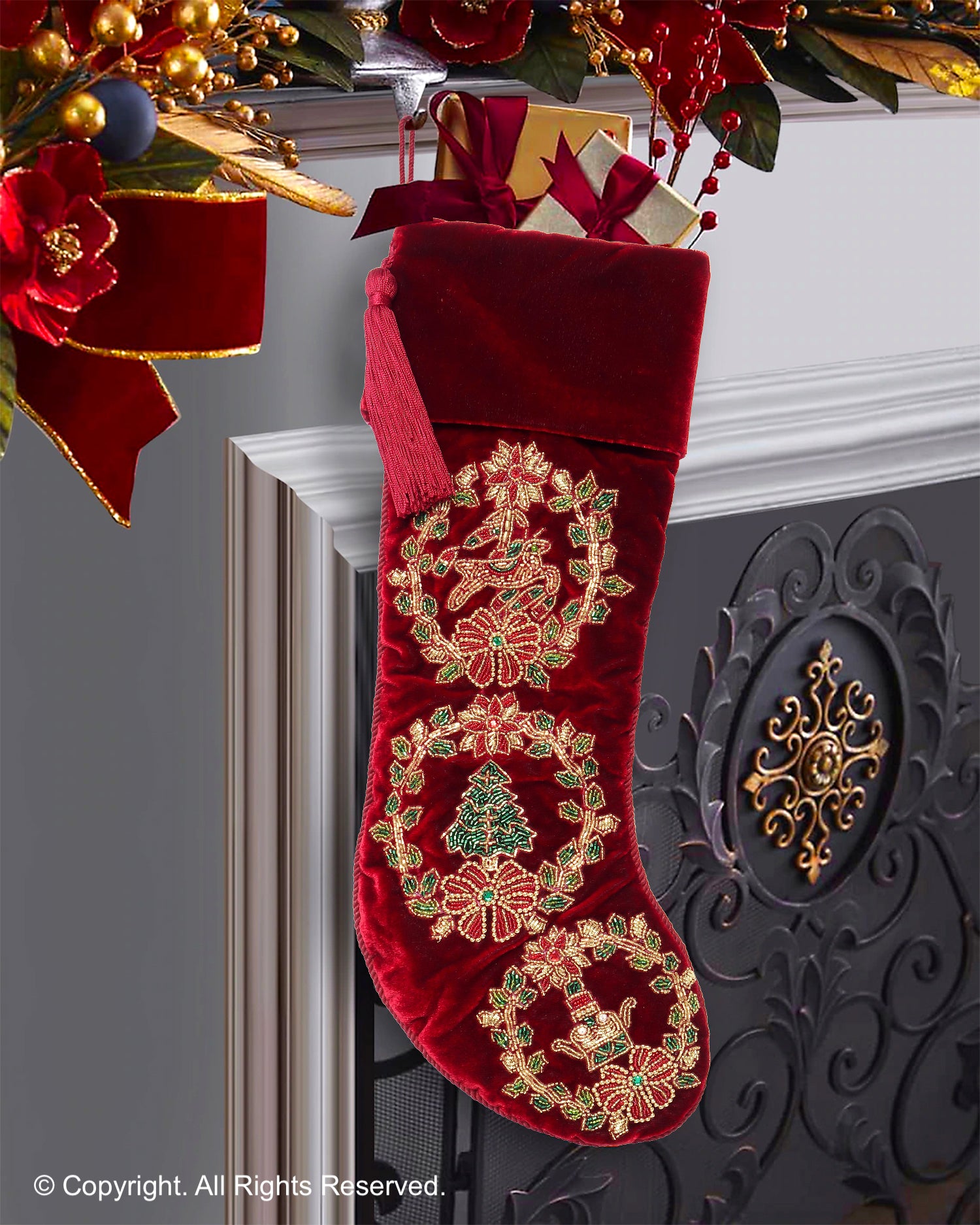 PERSONALISED WREATH RED VELVET CHRISTMAS STOCKING