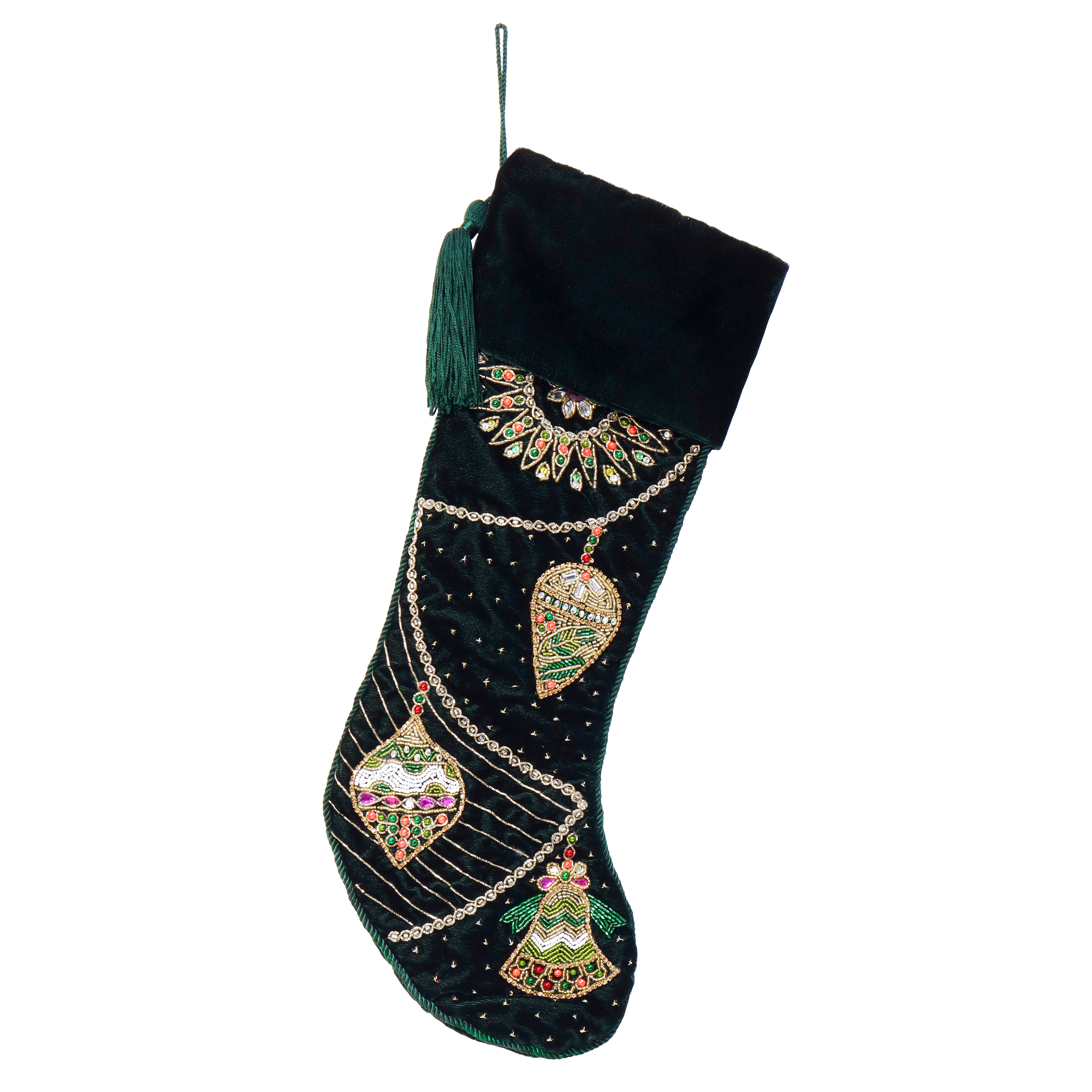 PERSONALISED ORNAMENT CHARM GREEN VELVET CHRISTMAS STOCKING