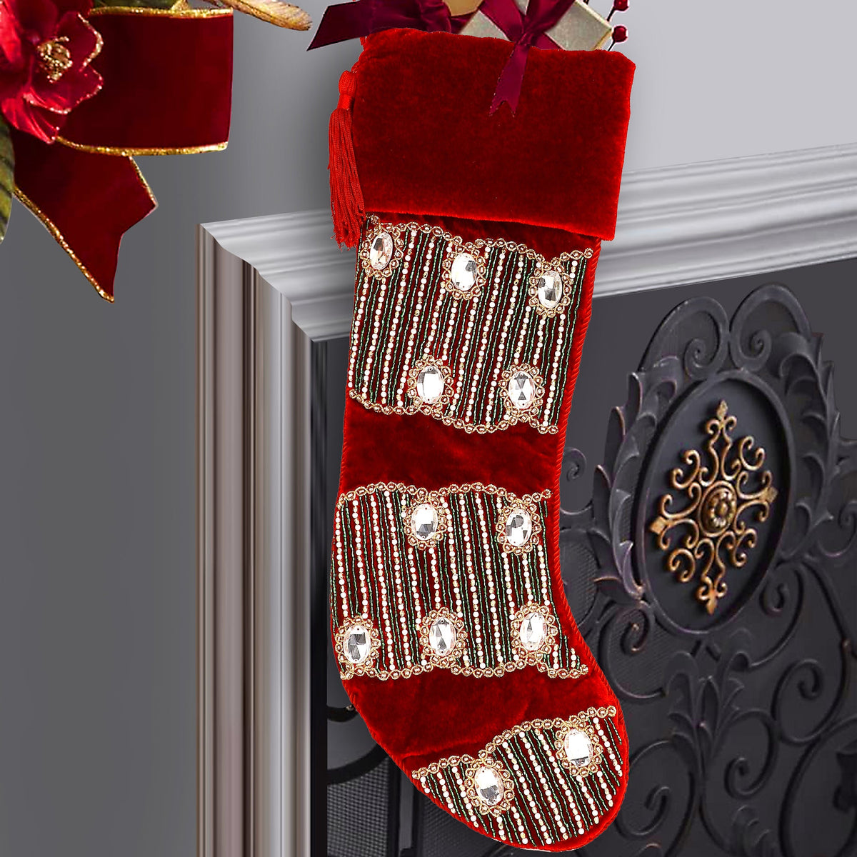 Personalised Spiral Stone Red Velvet Christmas Tree Stocking.