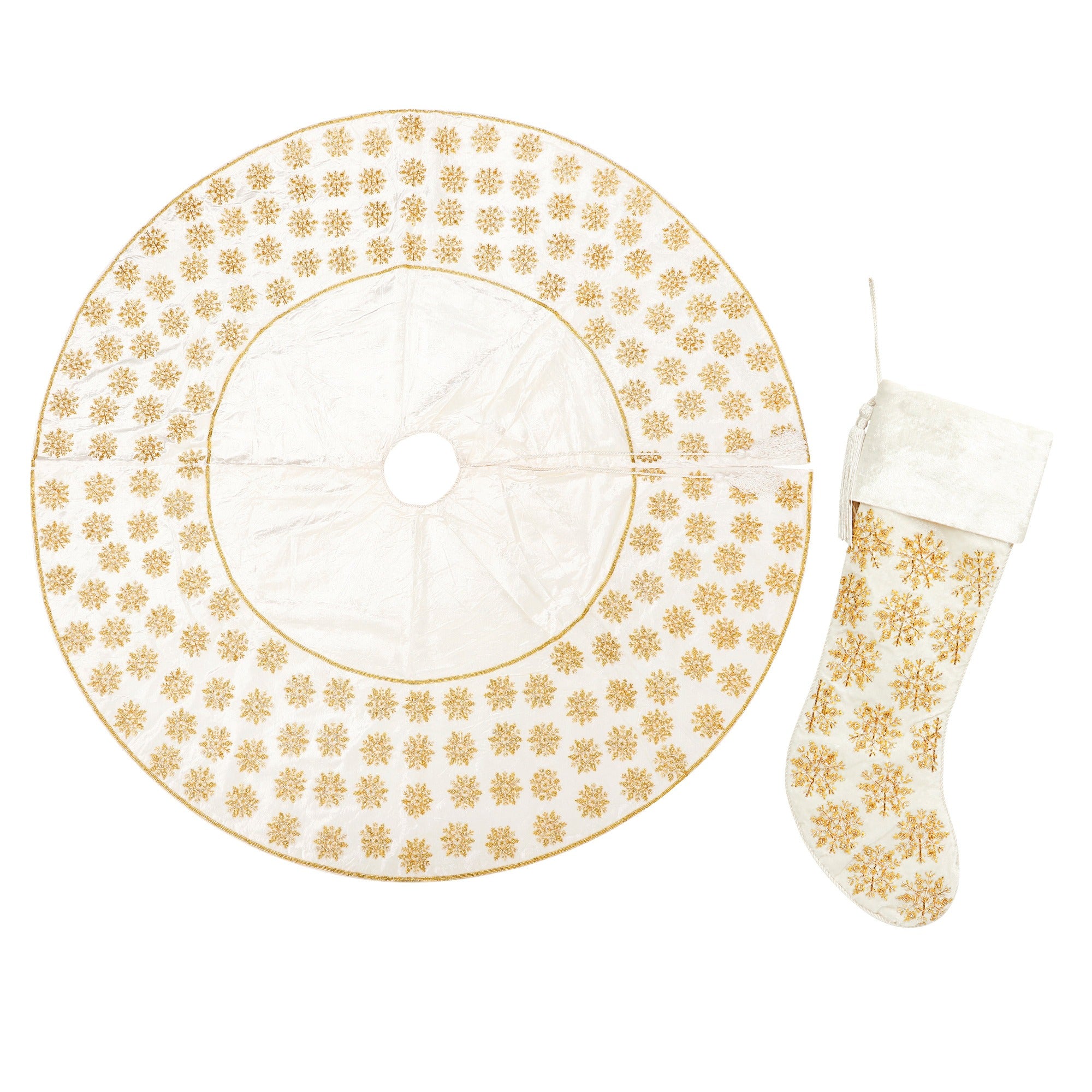 Beaded Snowflake White Velvet Christmas Tree Skirt & Matching Christmas Stocking Set