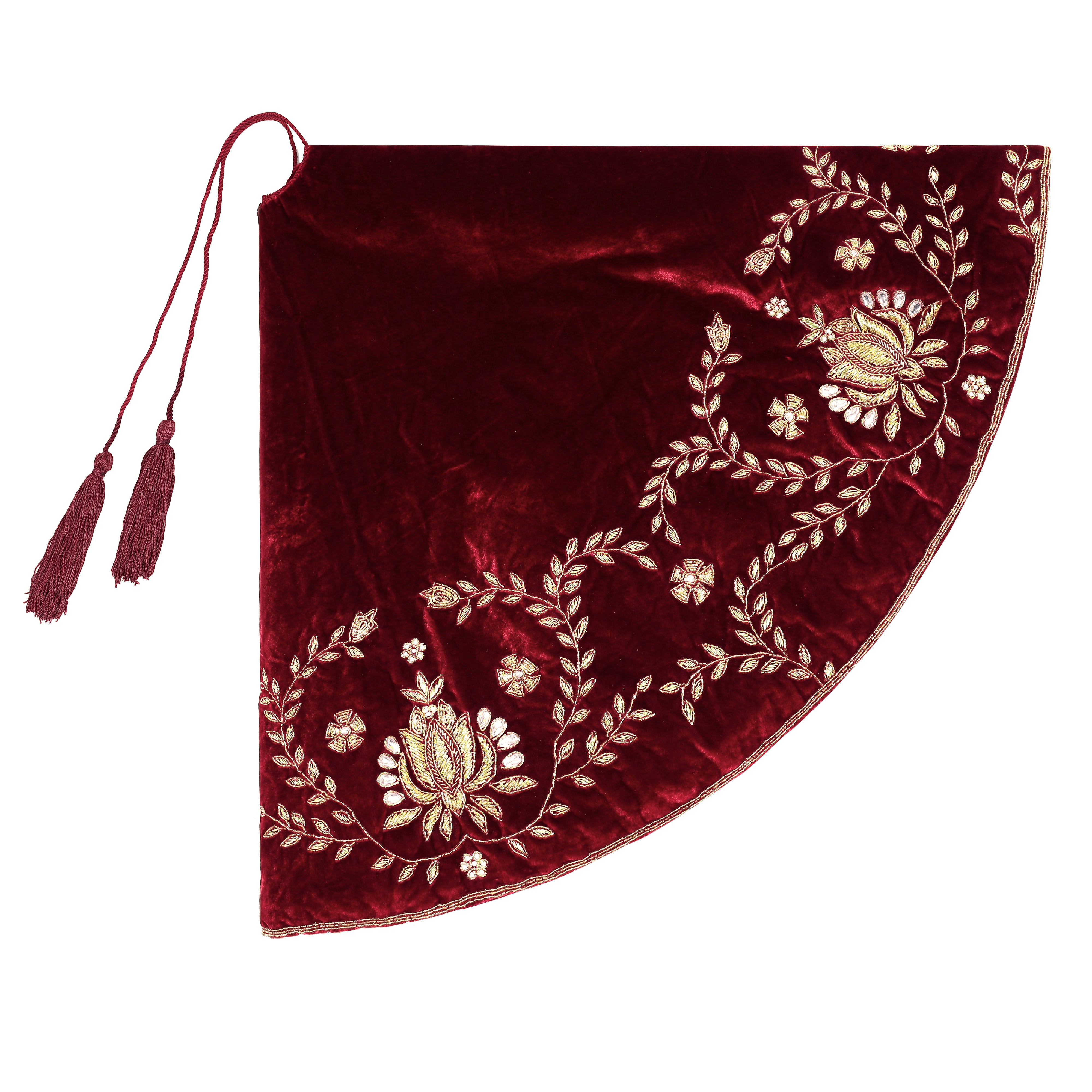 Beaded Lotus Red Velvet Christmas Tree Skirt