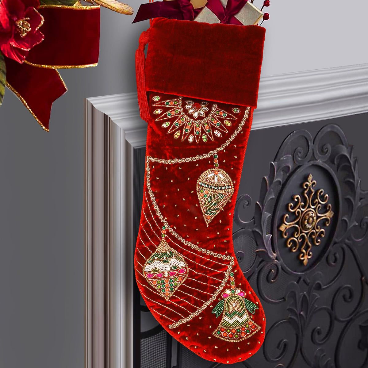 PERSONALISED ORNAMENT CHARM RED VELVET CHRISTMAS STOCKING