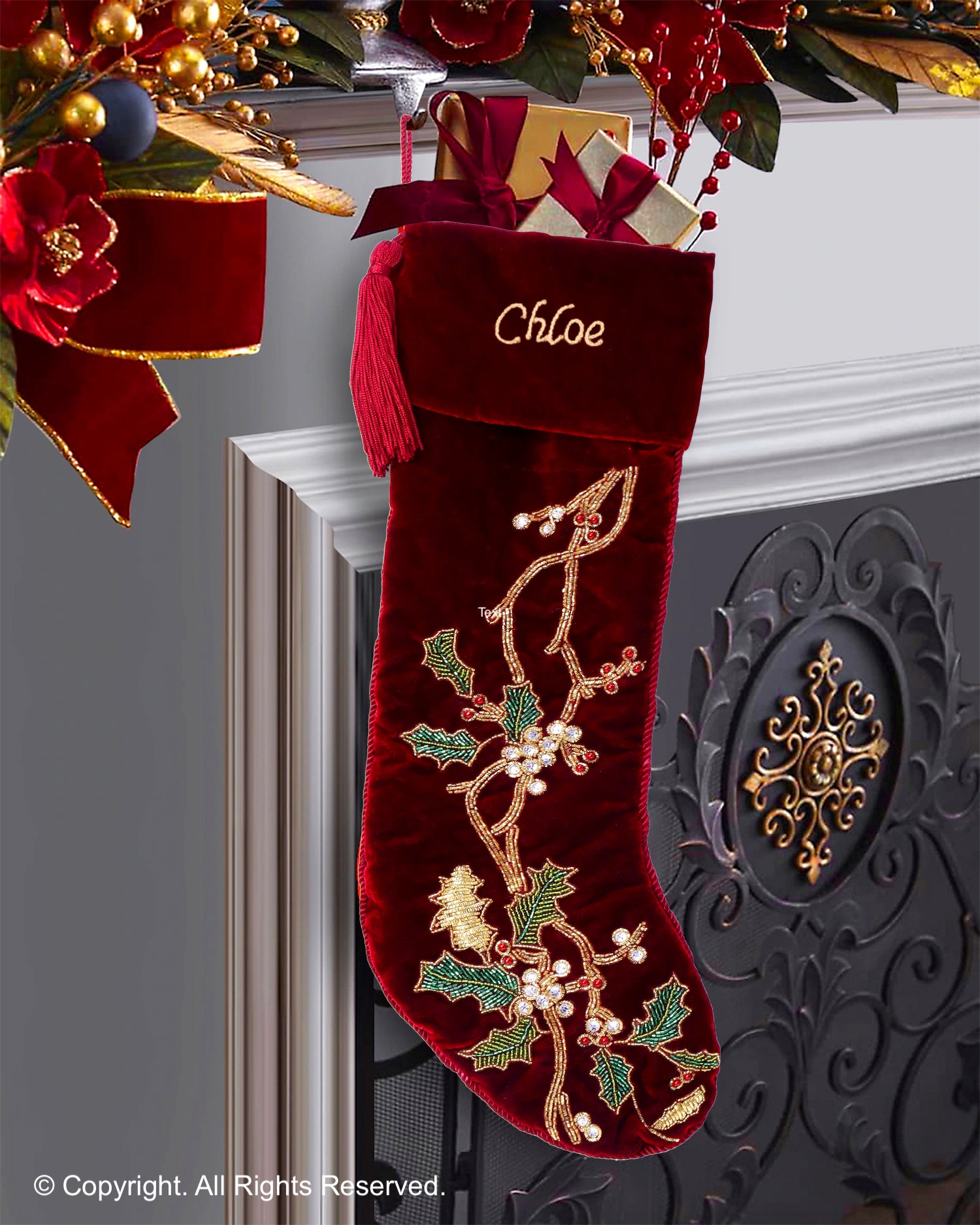 PERSONALISED FLORAL WREATH RED CHRISTMAS WREATH STOCKING