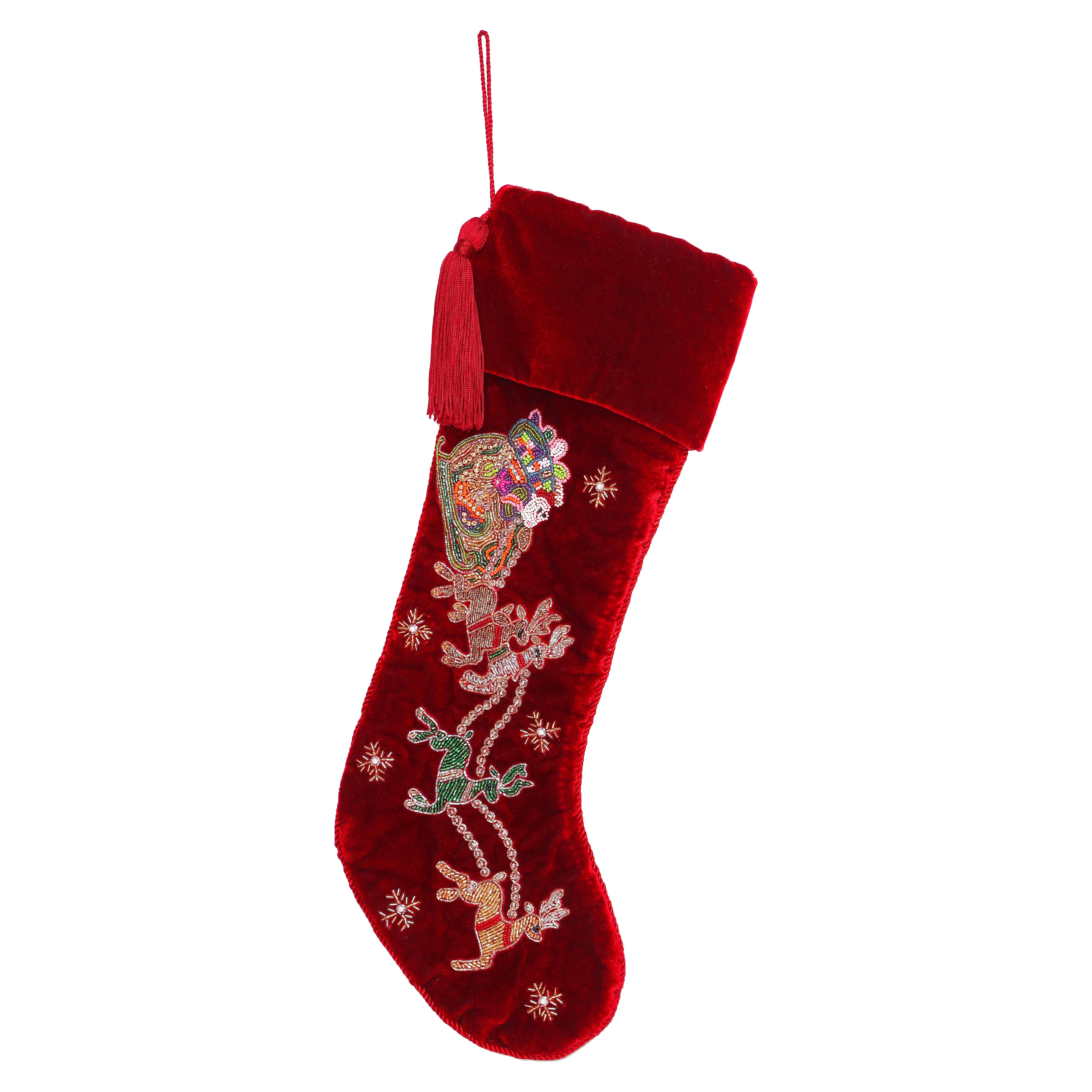 Red Velvet Christmas Tree Skirt & Matching Christmas Stocking Set with Santa Reindeer Carriage