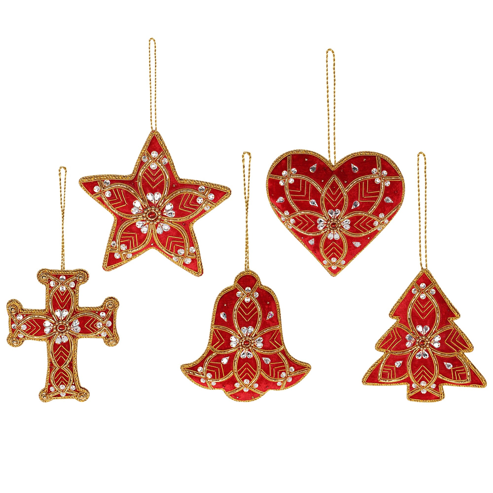 Holiday Fun-Stars, Hearts, Cross, Bell & tree Christmas ornaments set of 5 pieces for holiday decor (1SET=5PC)
