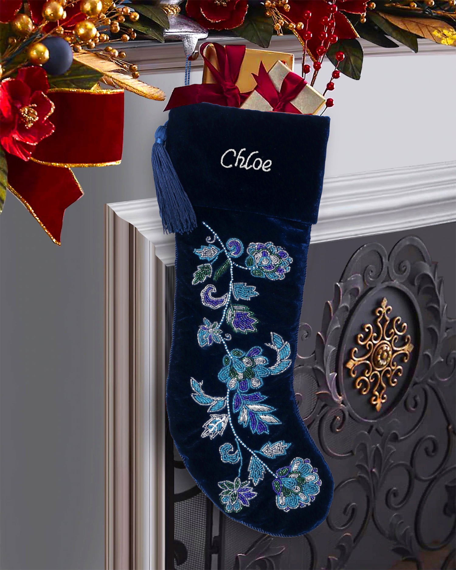 PERSONALISED NAVY BLUE FLORAL VELVET CHRISTMAS STOCKING