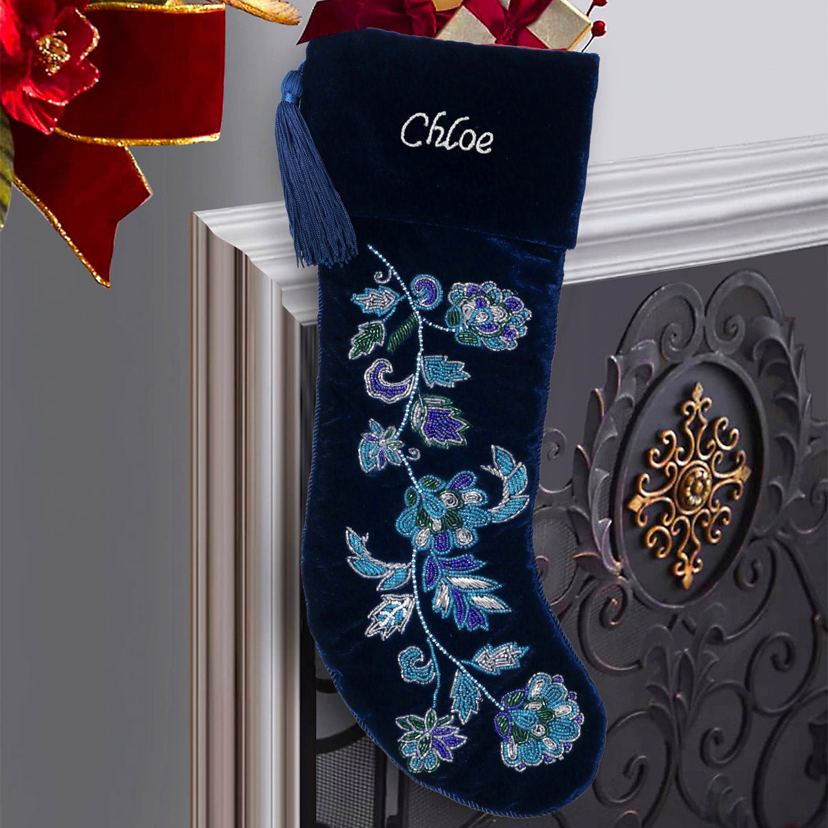 PERSONALISED NAVY BLUE FLORAL VELVET CHRISTMAS STOCKING