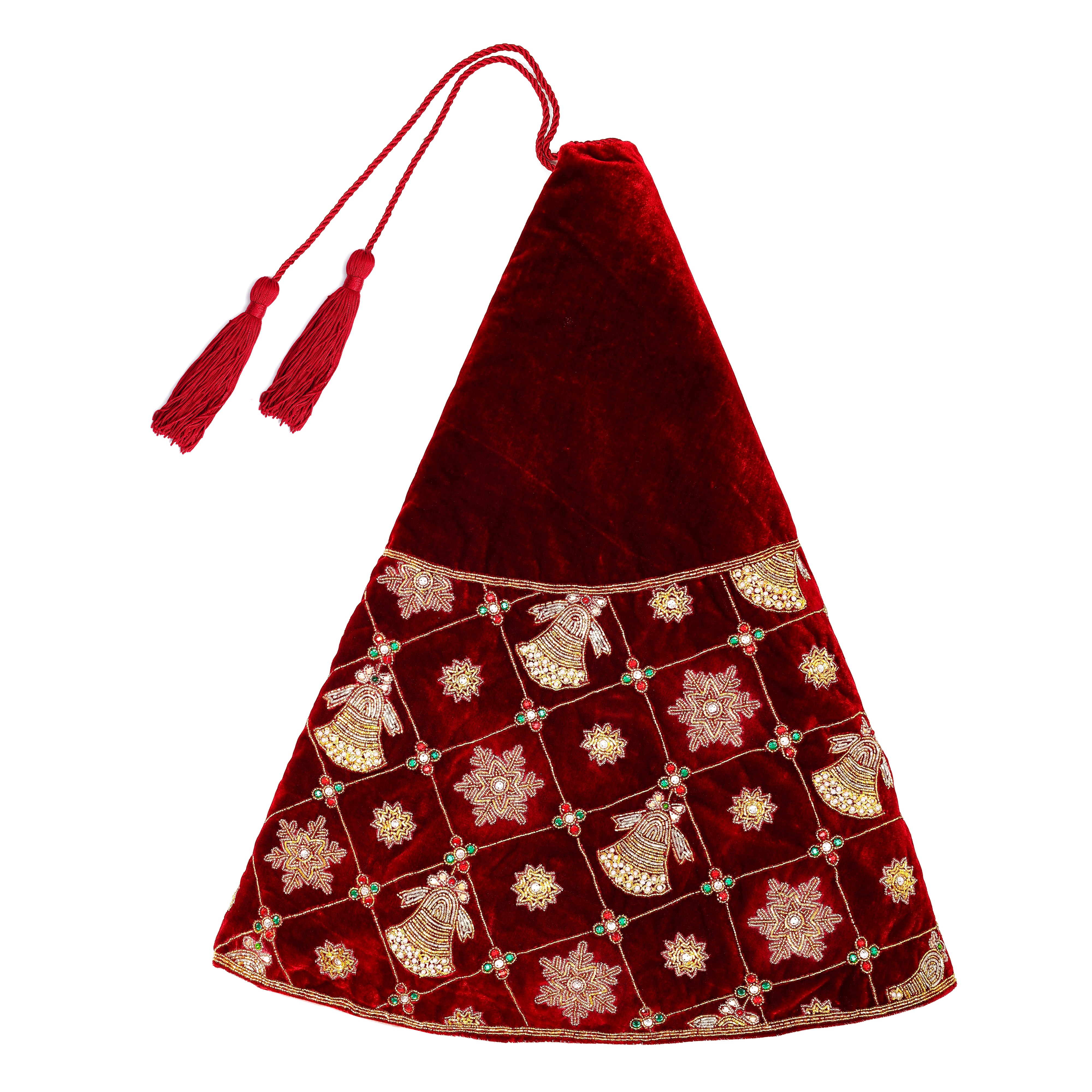 Jingle Bell & Snowflake Grace Red Velvet Christmas Tree Skirt