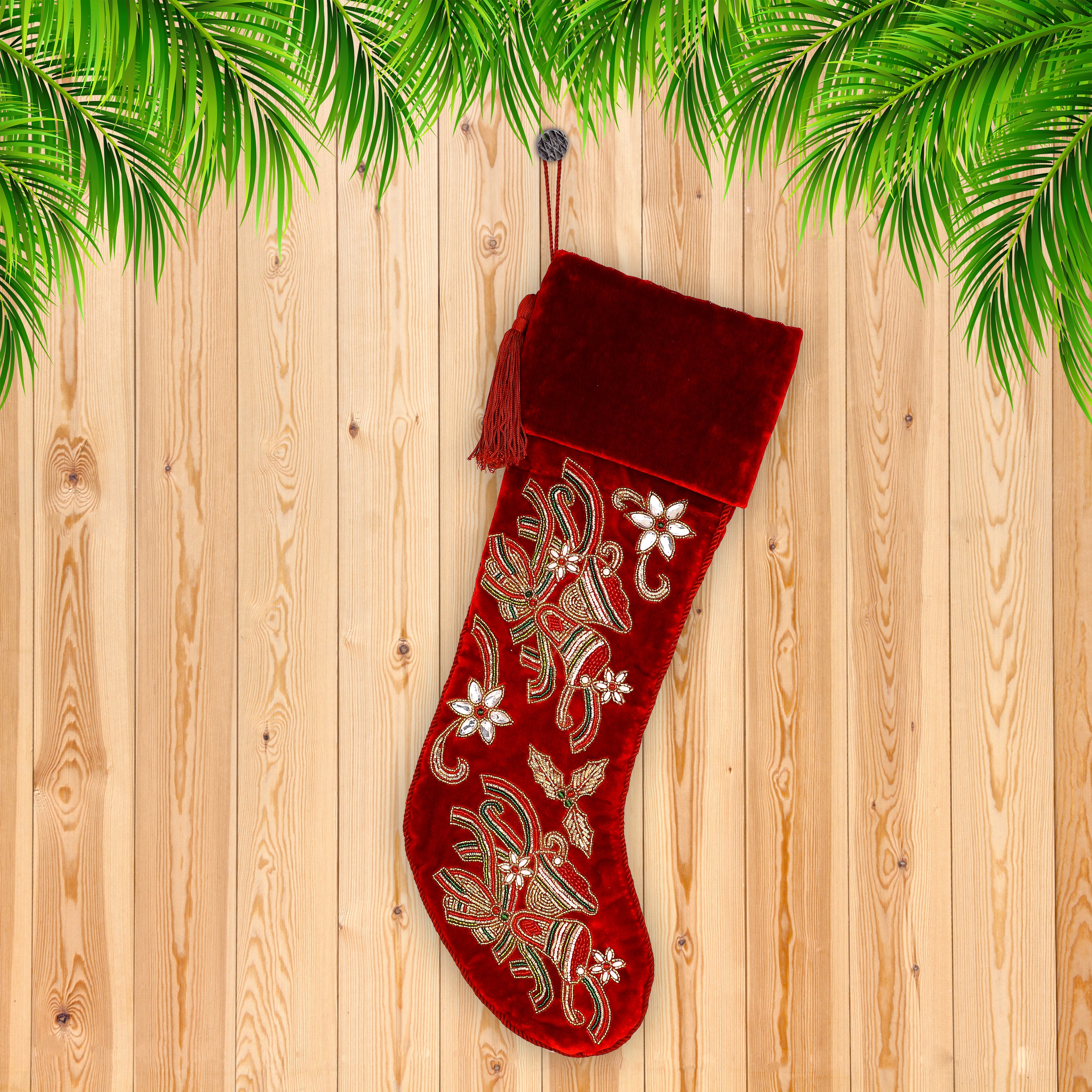 PERSONALISED CHRISTMAS BELLS EMBROIDED RED VELVET CHRISTMAS STOCKING