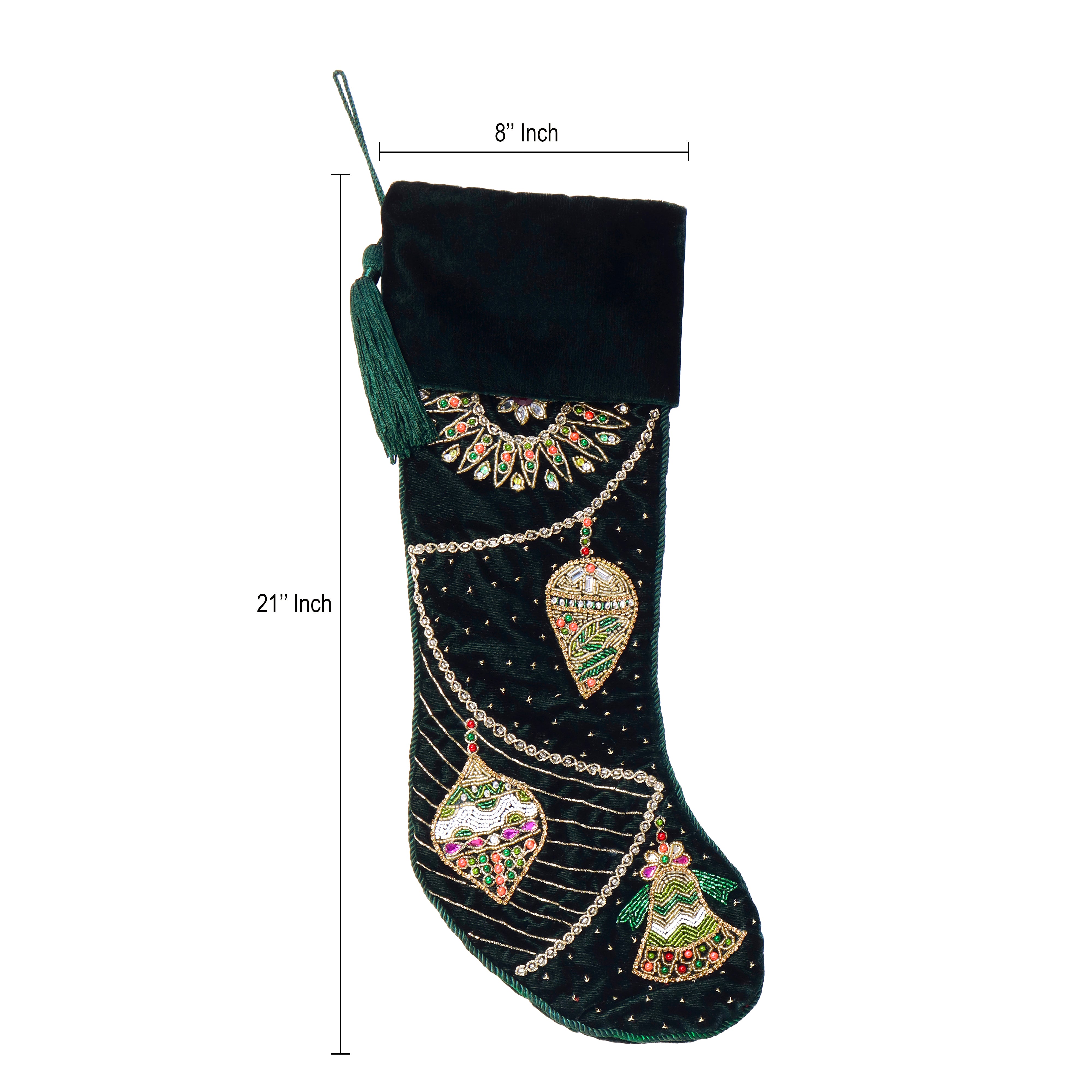 PERSONALISED ORNAMENT CHARM GREEN VELVET CHRISTMAS STOCKING