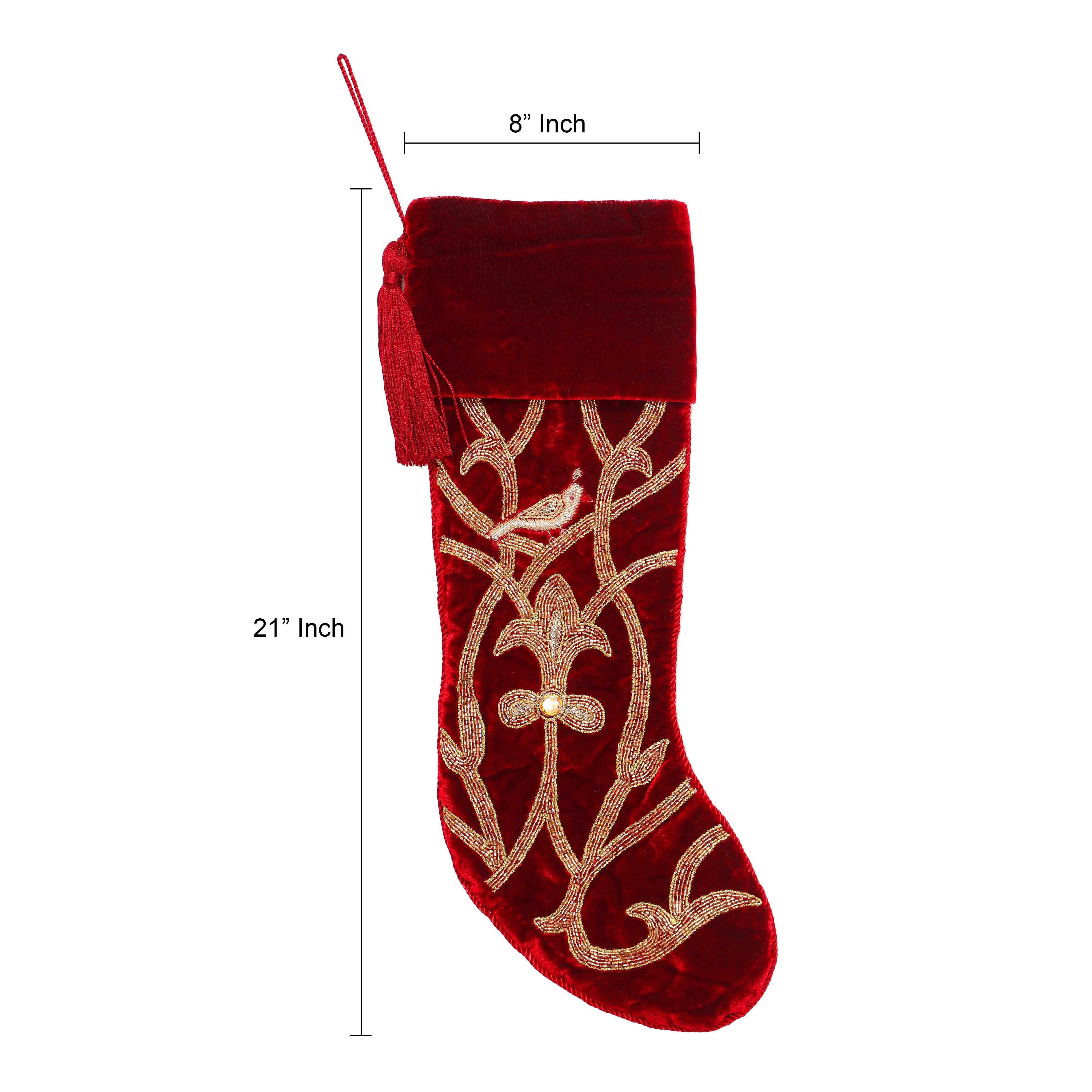 INTRICATE LEAF, BIRD AND LOTUS RED VELVET 3 PIECE CHRISTMAS STOCKING SET
