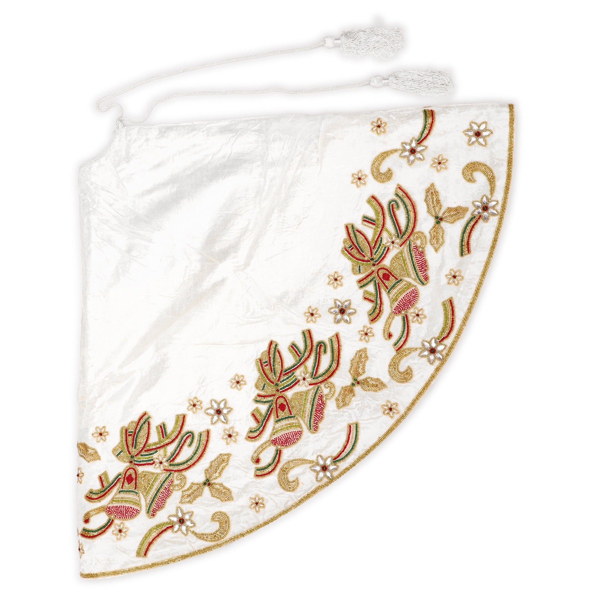 Christmas Bells Embroided White Velvet Christmas Tree Skirt