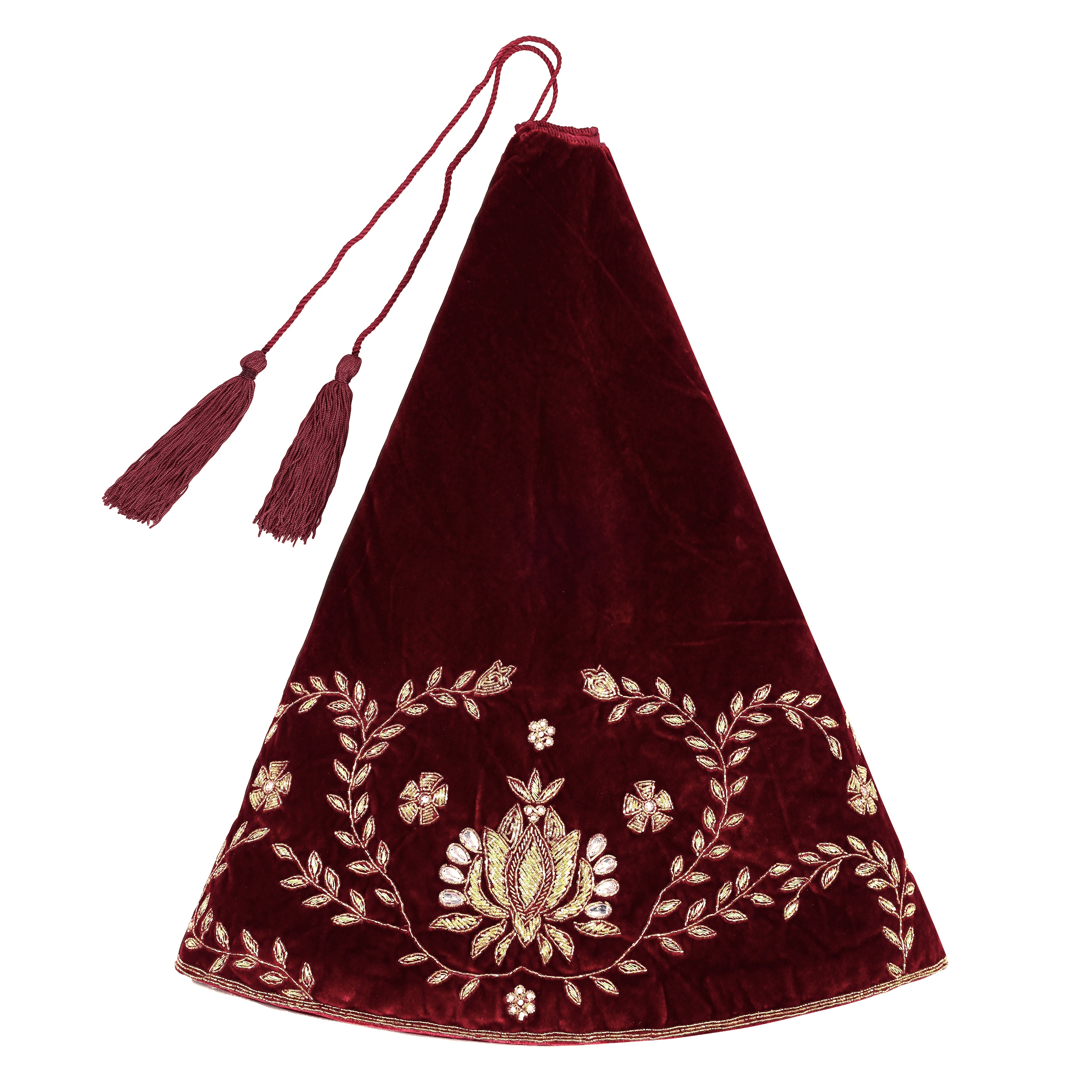 Beaded Lotus Red Velvet Christmas Tree Skirt