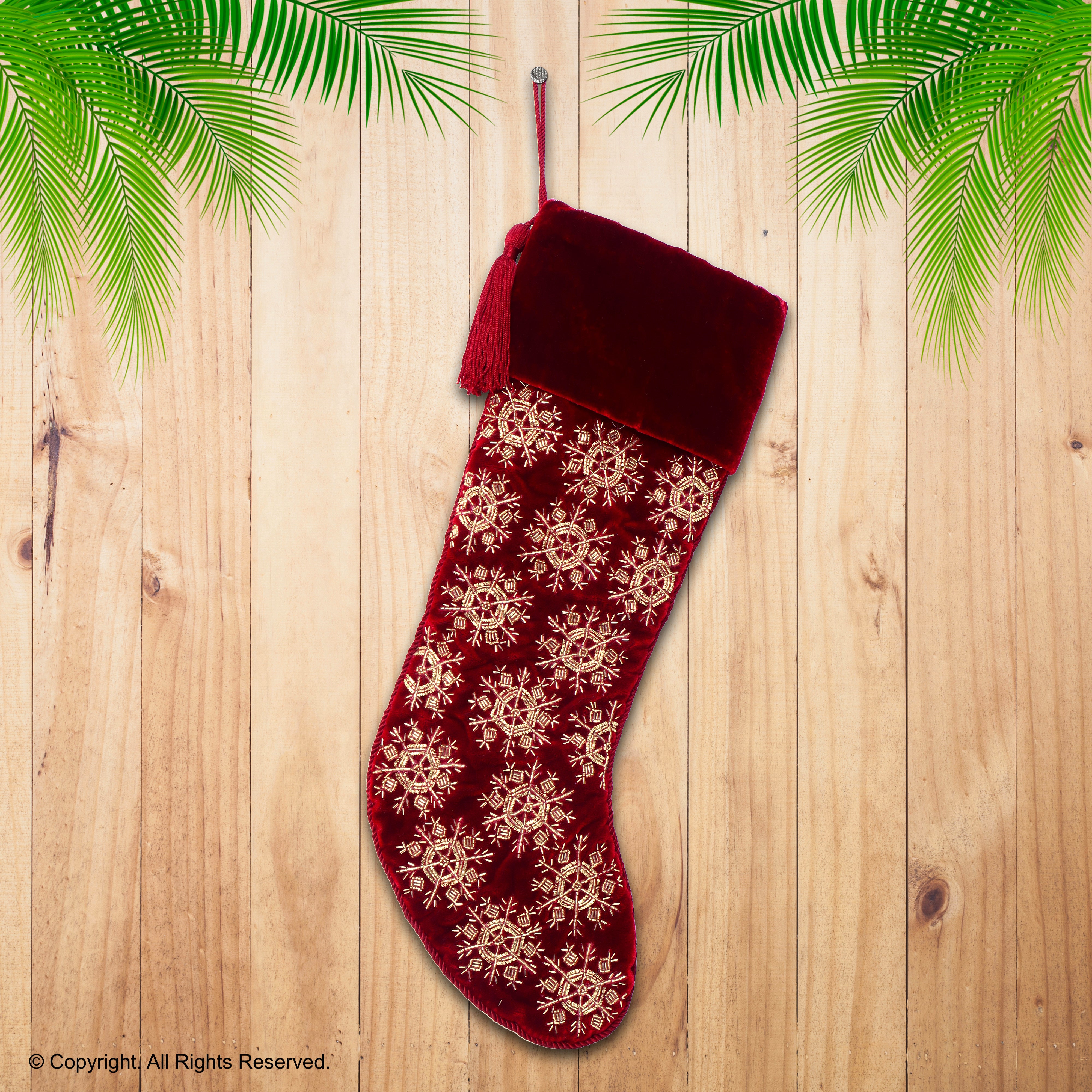PERSONALISED BEADED SNOWFLAKE RED VELVET CHRISTMAS STOCKING