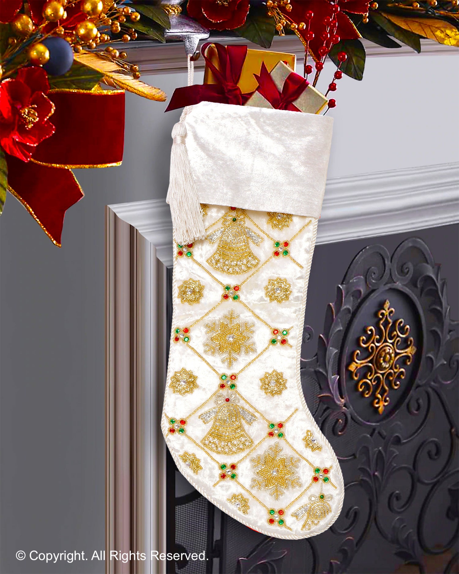 PERSONALISED JINGLE BELL AND SNOWFLAKE MAGIC WHITE VELVET CHRISTMAS STOCKING