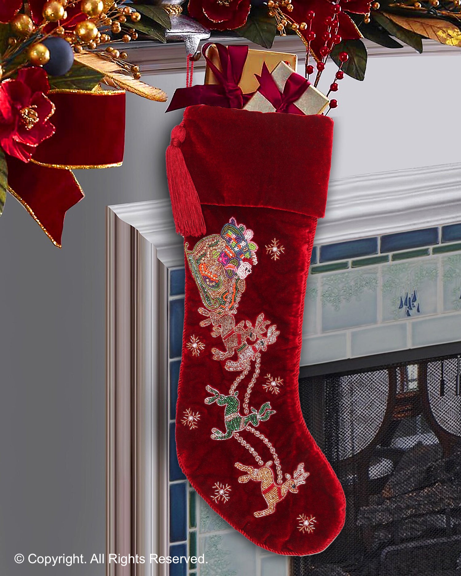 PERSONALISED SANTA CARRIAGE RED VELVET CHRISTMAS STOCKING