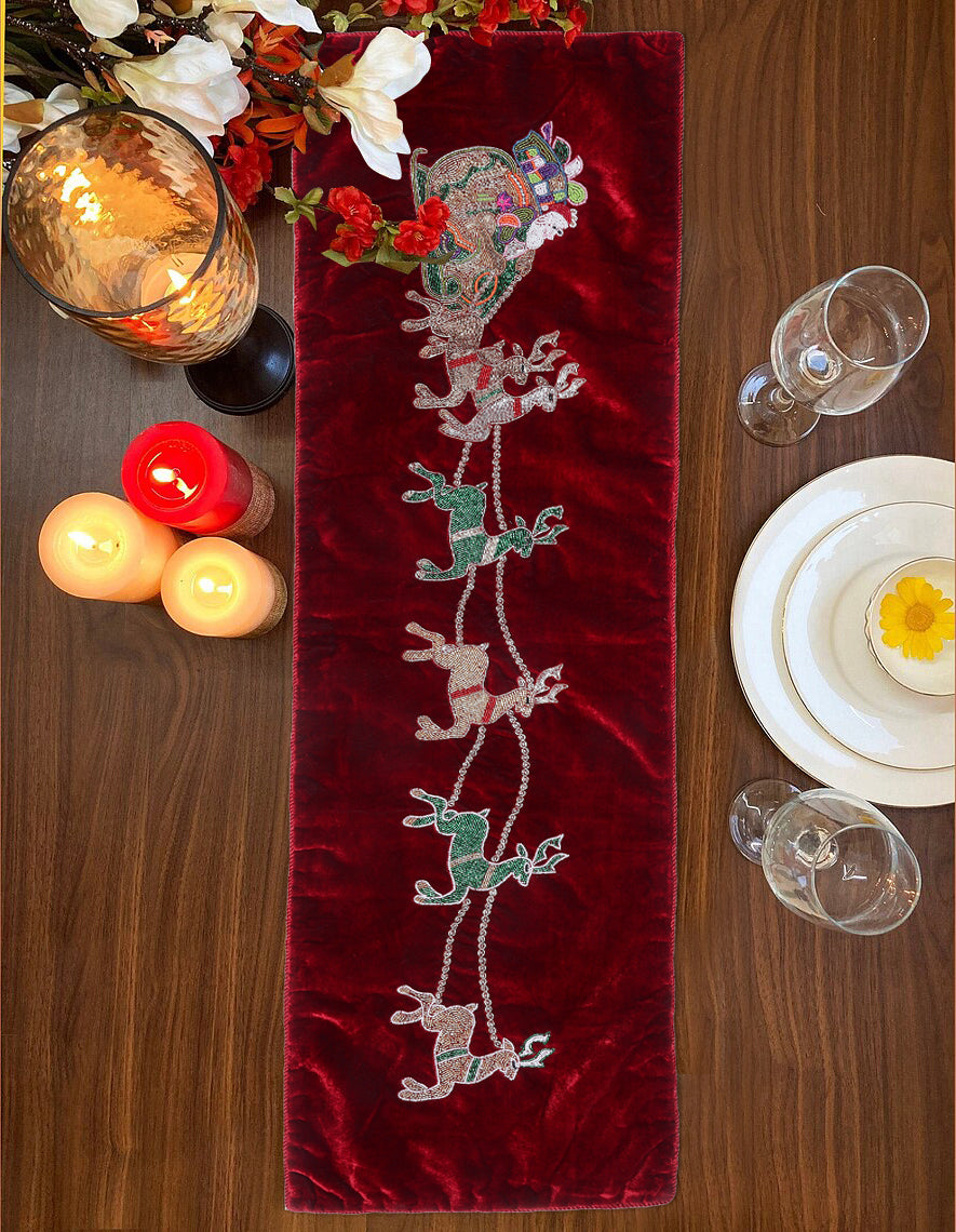 Red Velvet Christmas Runner with Santa Reindeer carriage