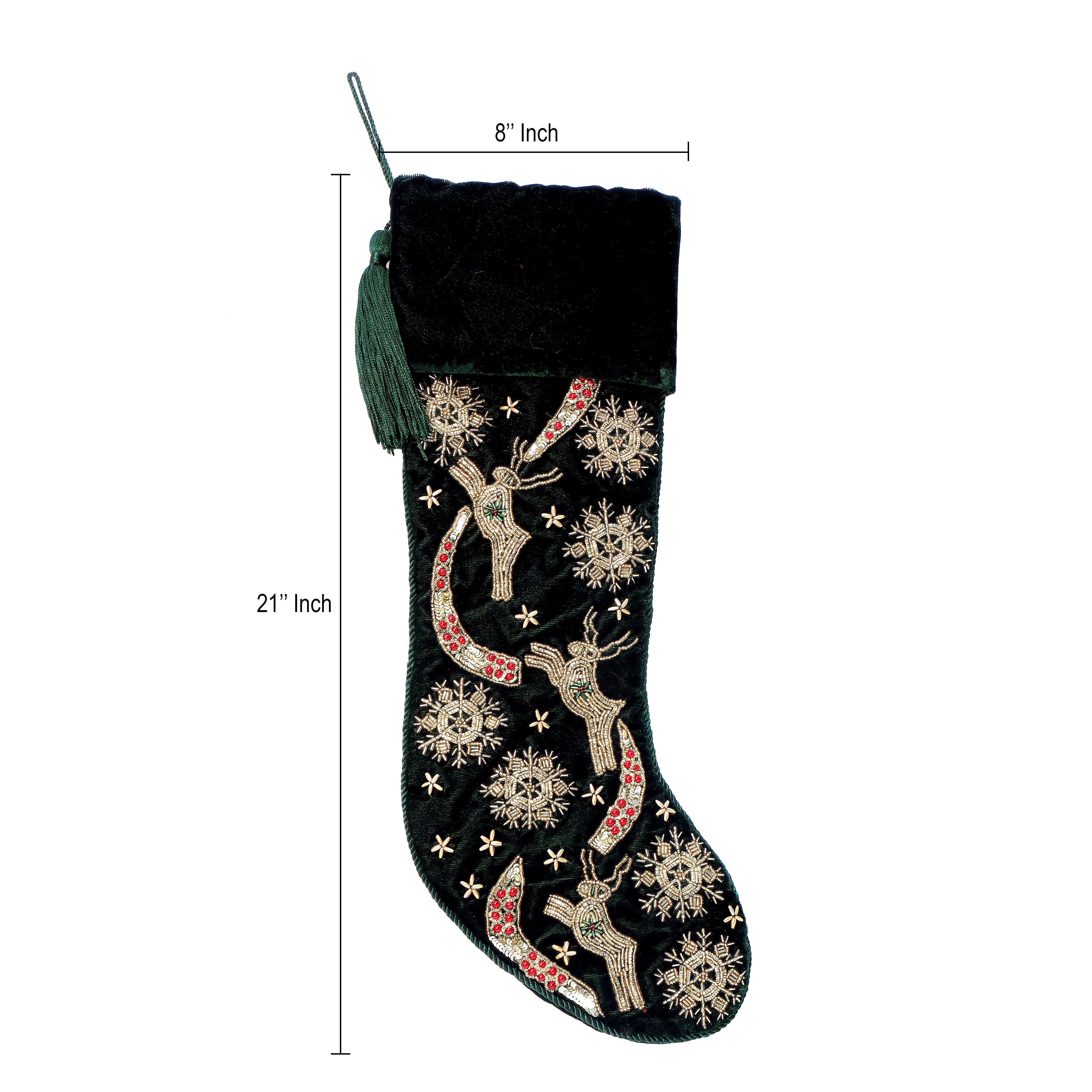 PERSONALISED REINDEER SNOWFLAKE GREEN VELVET CHRISTMAS STOCKING