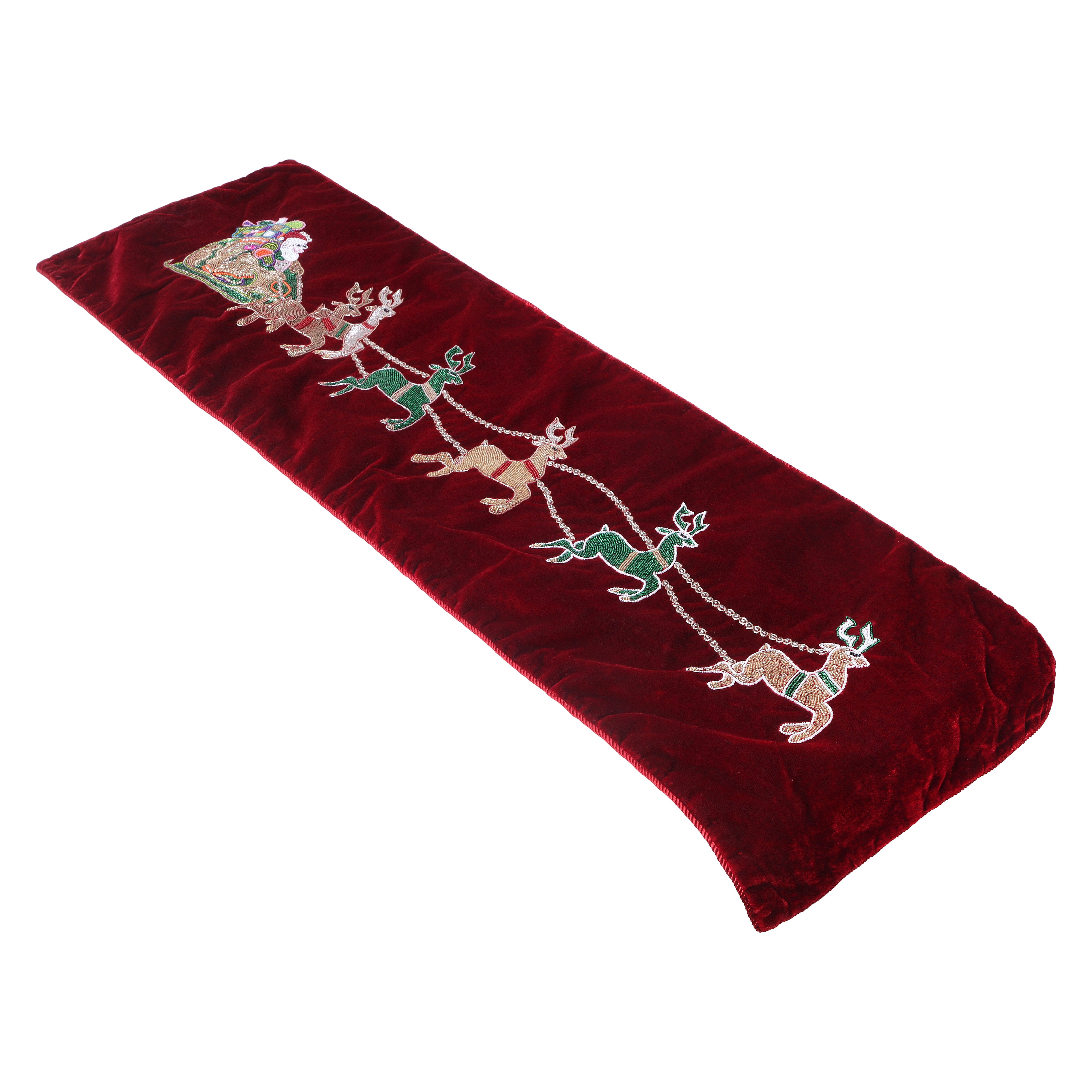 Red Velvet Christmas Runner with Santa Reindeer carriage