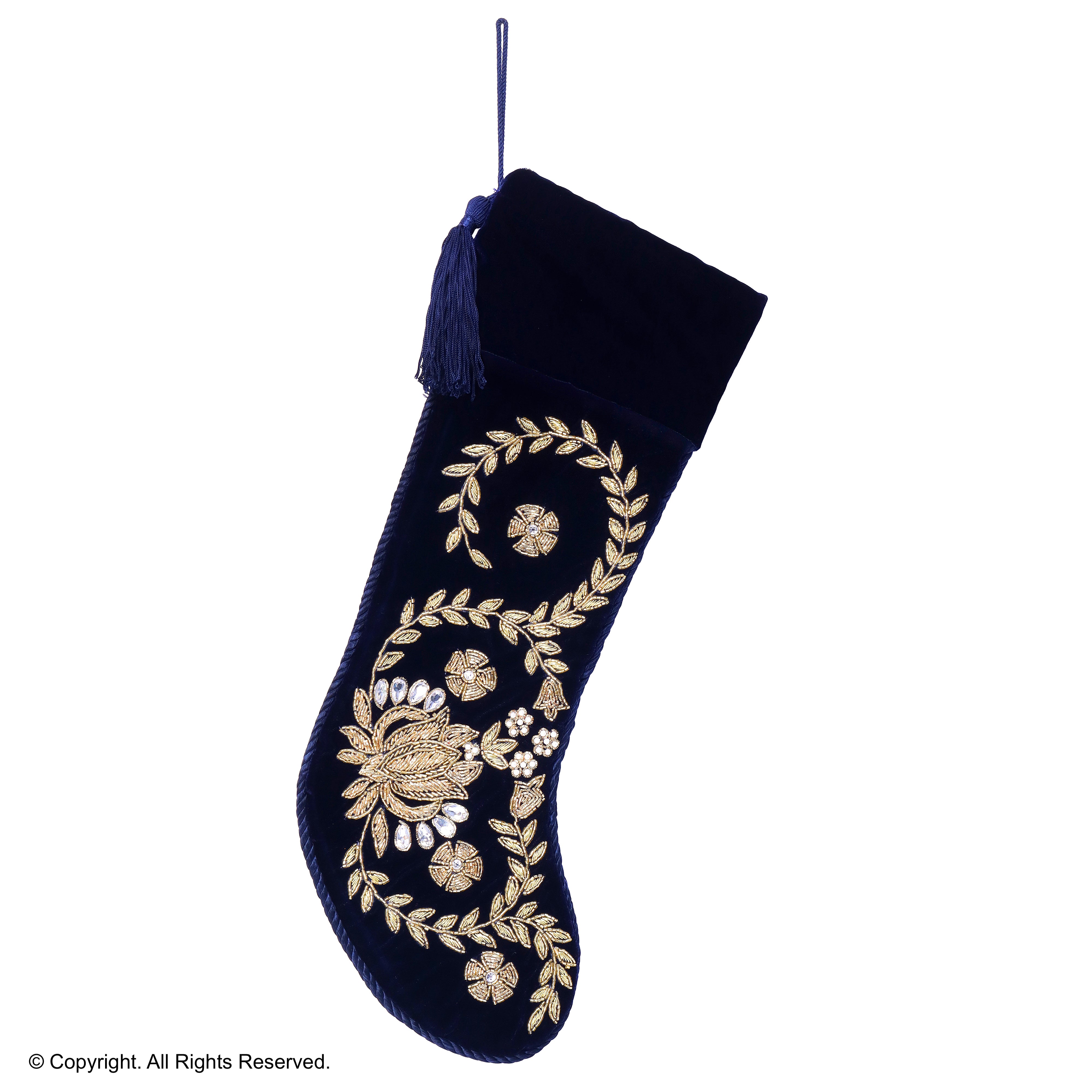 PERSONALISED LOTUS NAVY BLUE VELVET CHRISTMAS STOCKING