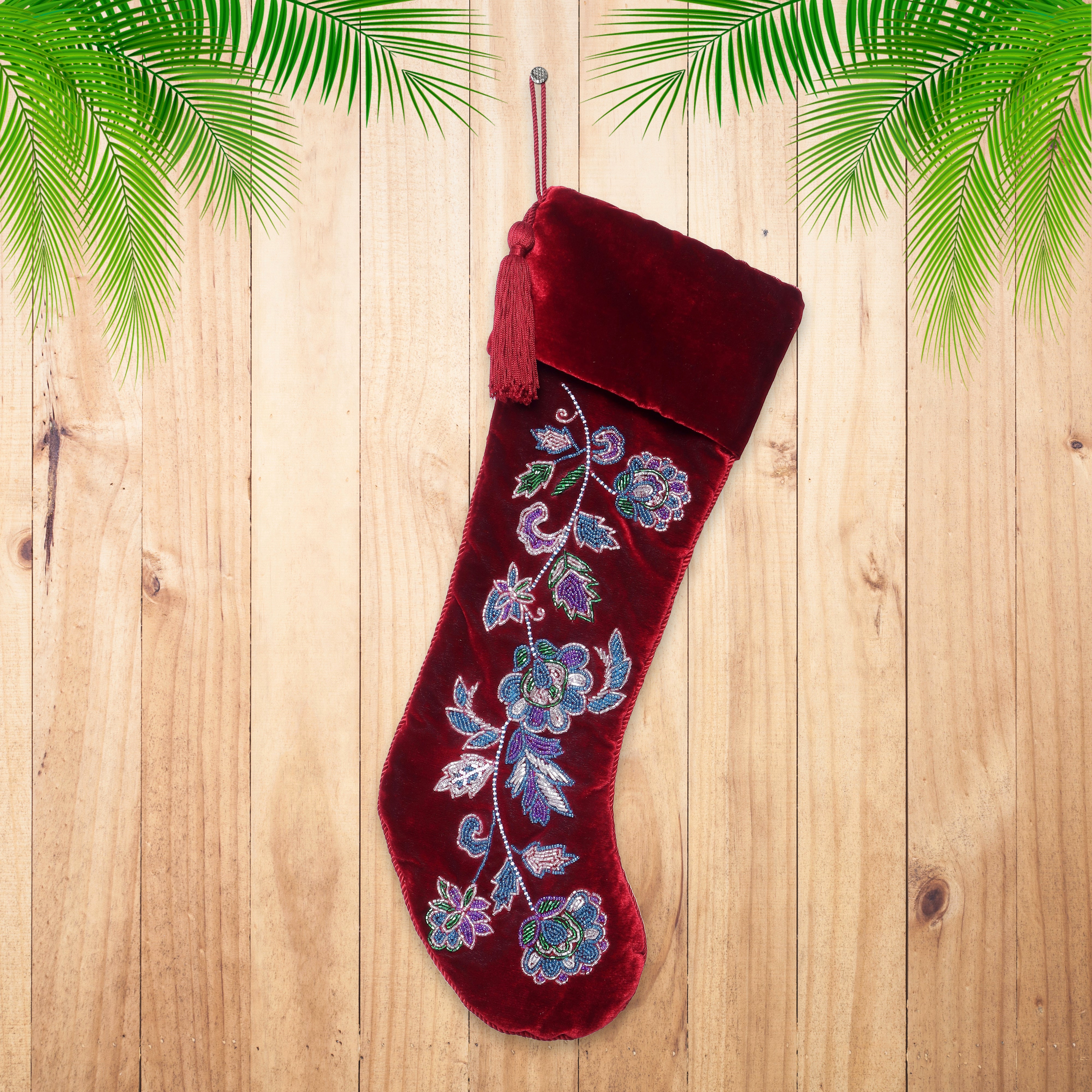 PERSONALISED RED FLORAL VELVET CHRISTMAS STOCKING