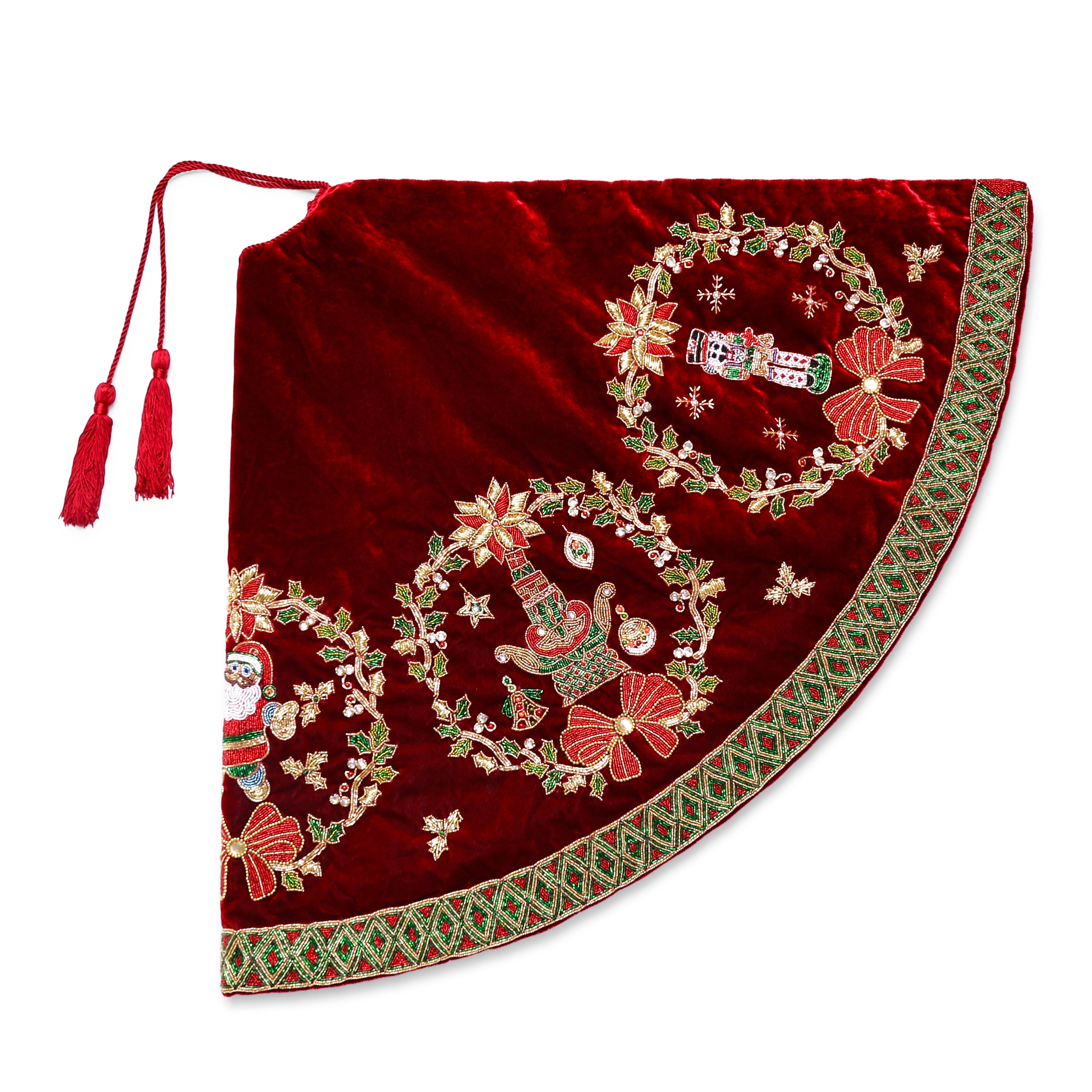 Joyful Wreath Tapestry Red Velvet Christmas Tree Skirt