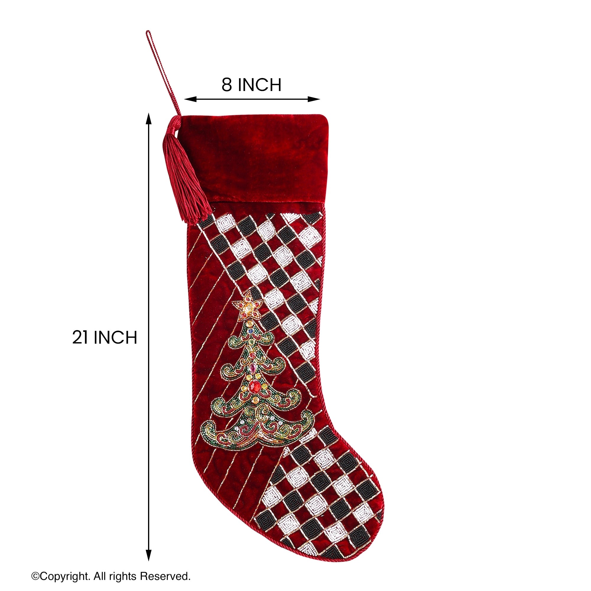 PERSONALISED WHIMSICAL TREE CHECK PARADE RED VELVET CHRISTMAS STOCKING