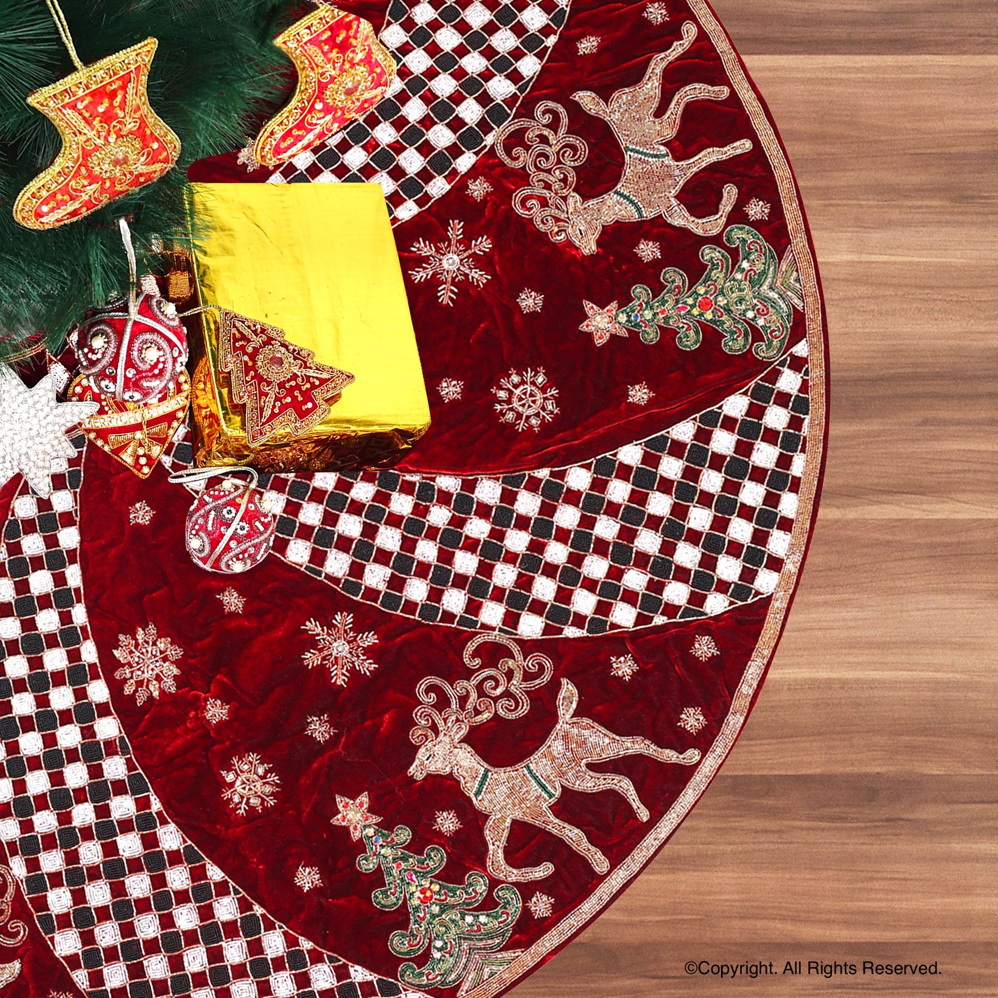 Reindeer Check Parade Red Velvet Christmas Tree Skirt