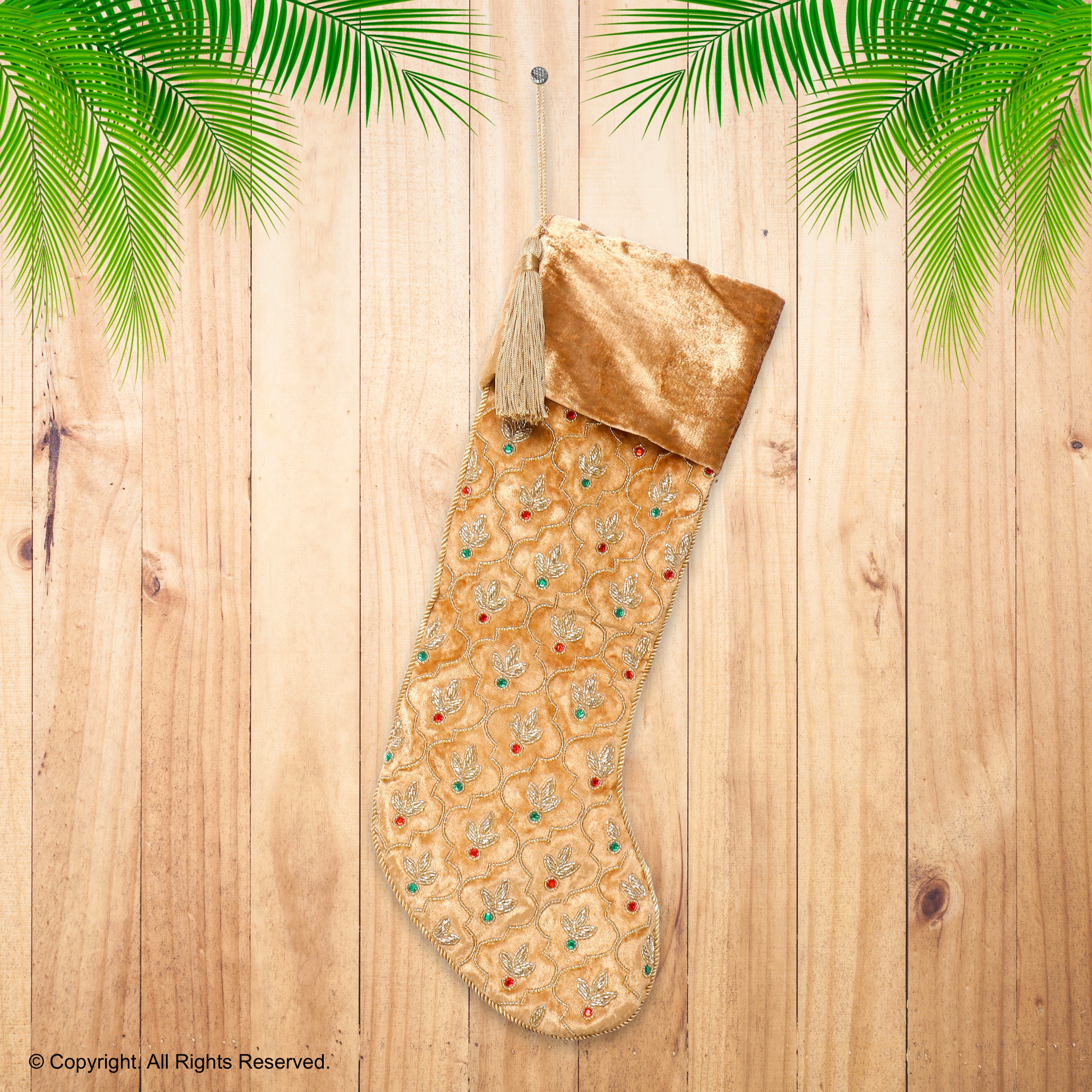 PERSONALISED GOLD VELVET INTRICATE LEAF CHRISTMAS STOCKING