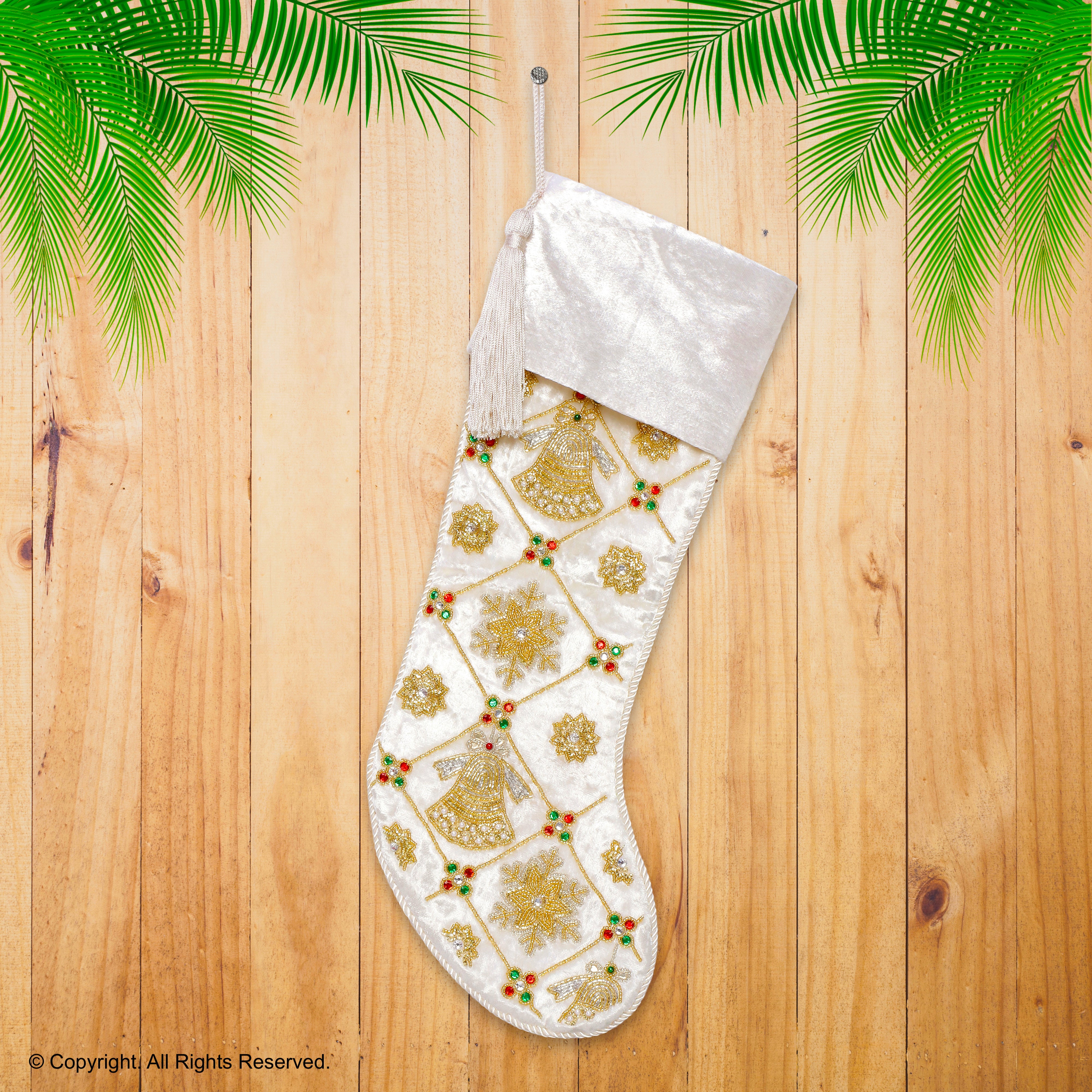 PERSONALISED JINGLE BELL AND SNOWFLAKE MAGIC WHITE VELVET CHRISTMAS STOCKING