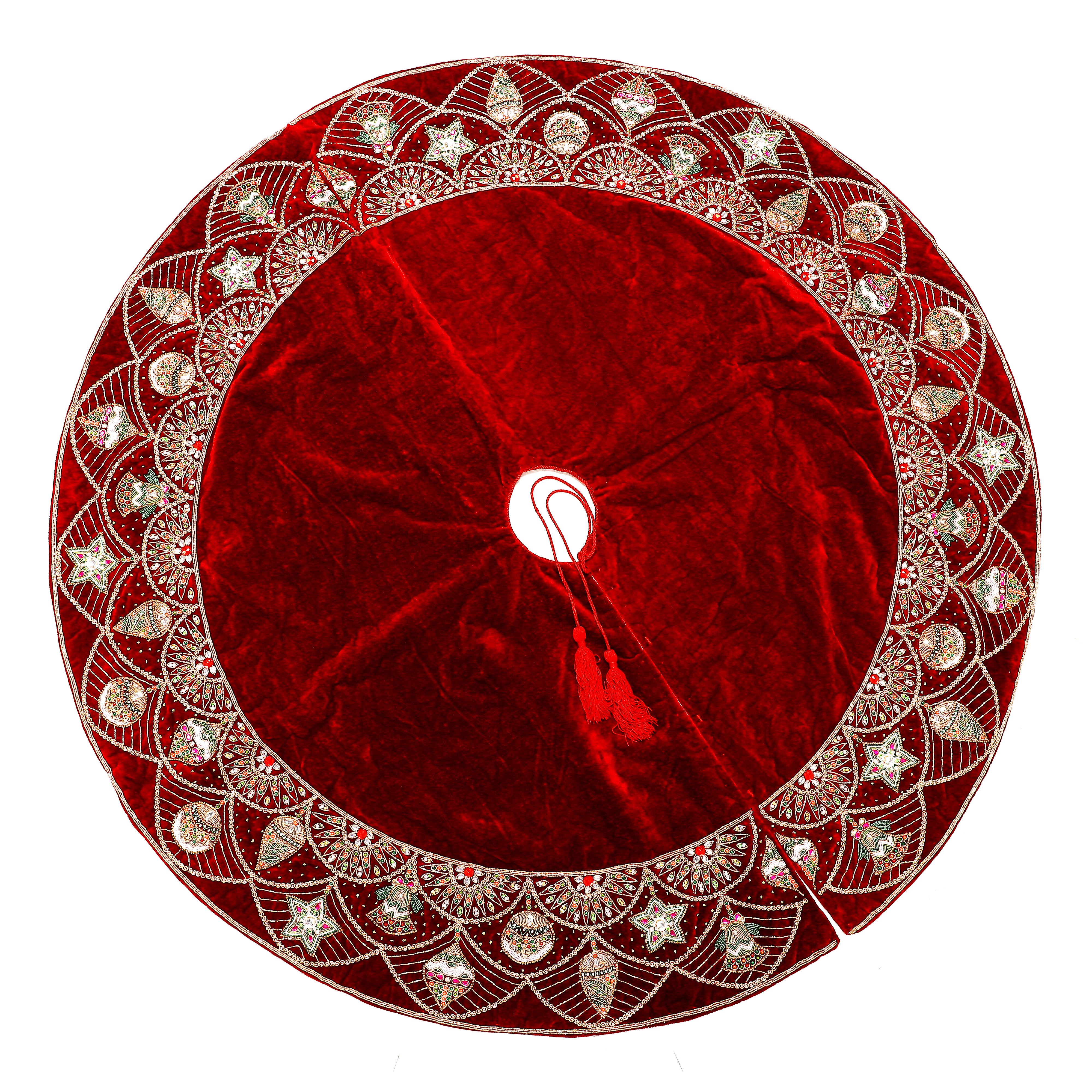 Ornament Charm Red Velvet Christmas Tree Skirt & Matching Christmas Stocking Set