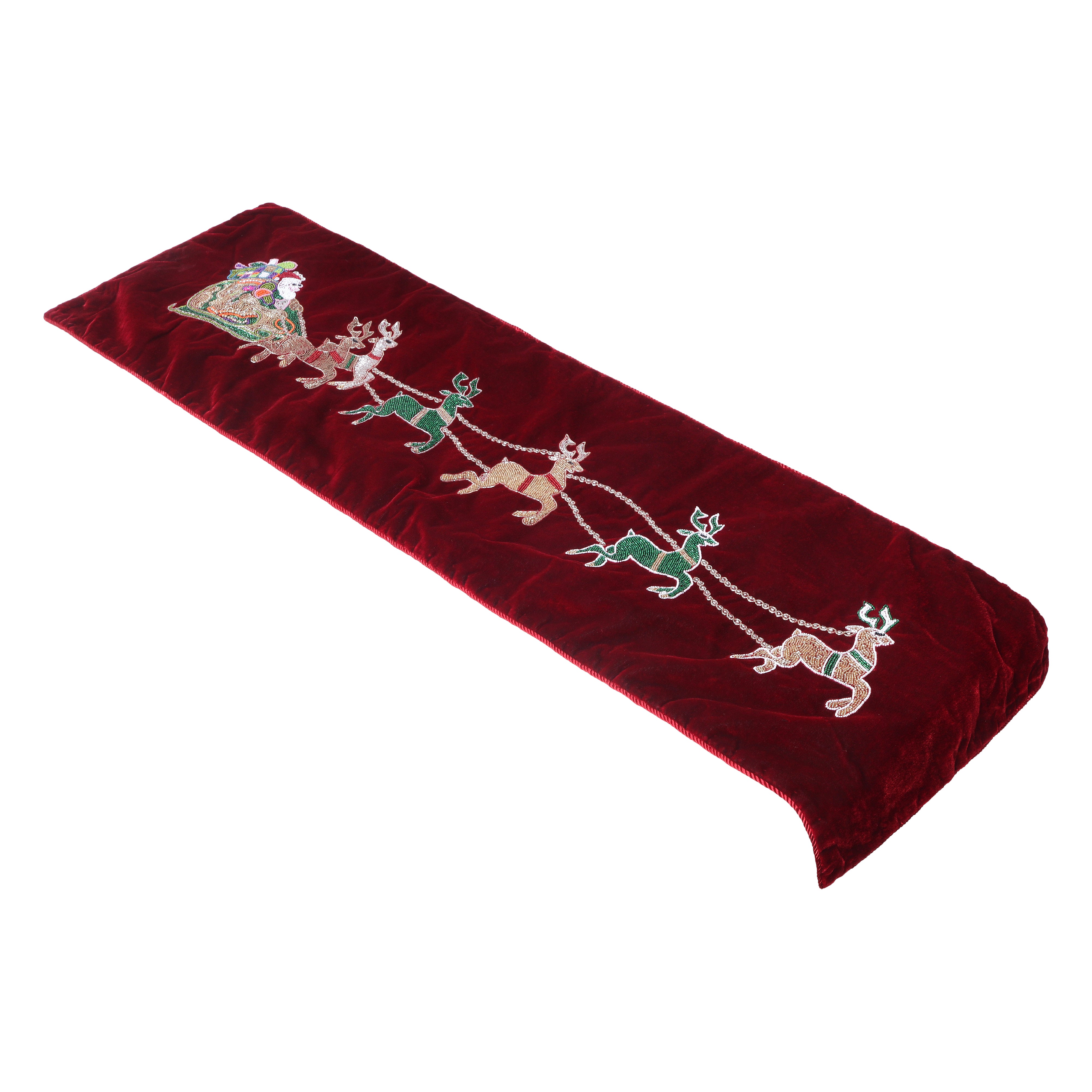 Red Velvet Christmas Runner with Santa Reindeer carriage