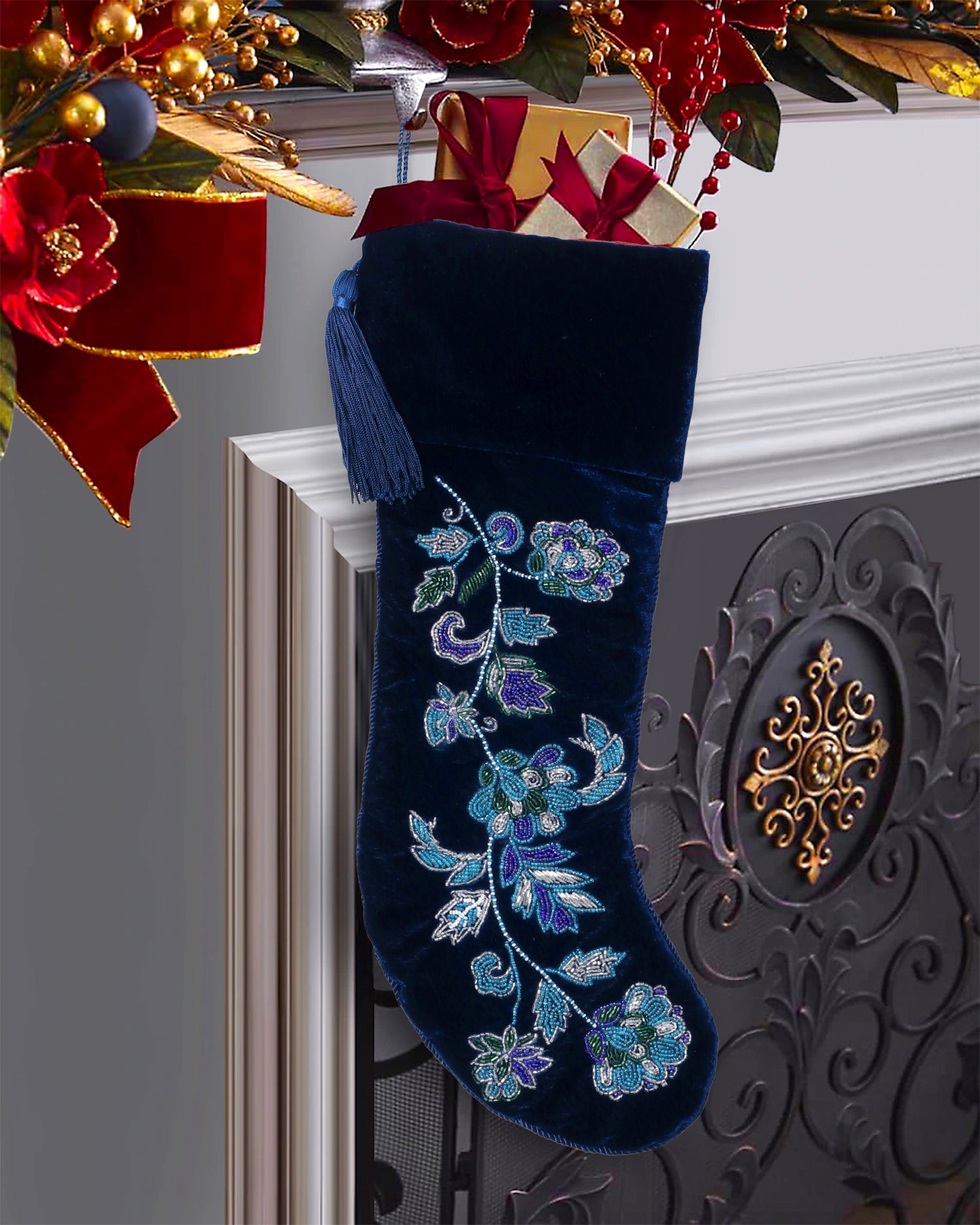 PERSONALISED NAVY BLUE FLORAL VELVET CHRISTMAS STOCKING