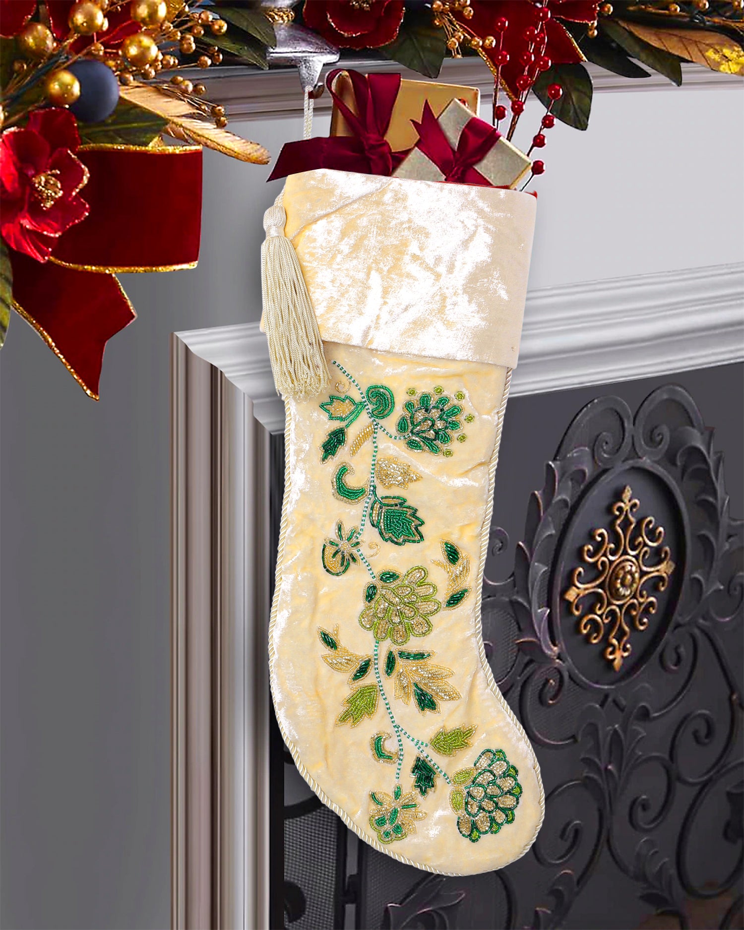 PERSONALISED CREAM FLORAL VELVET CHRISTMAS STOCKING