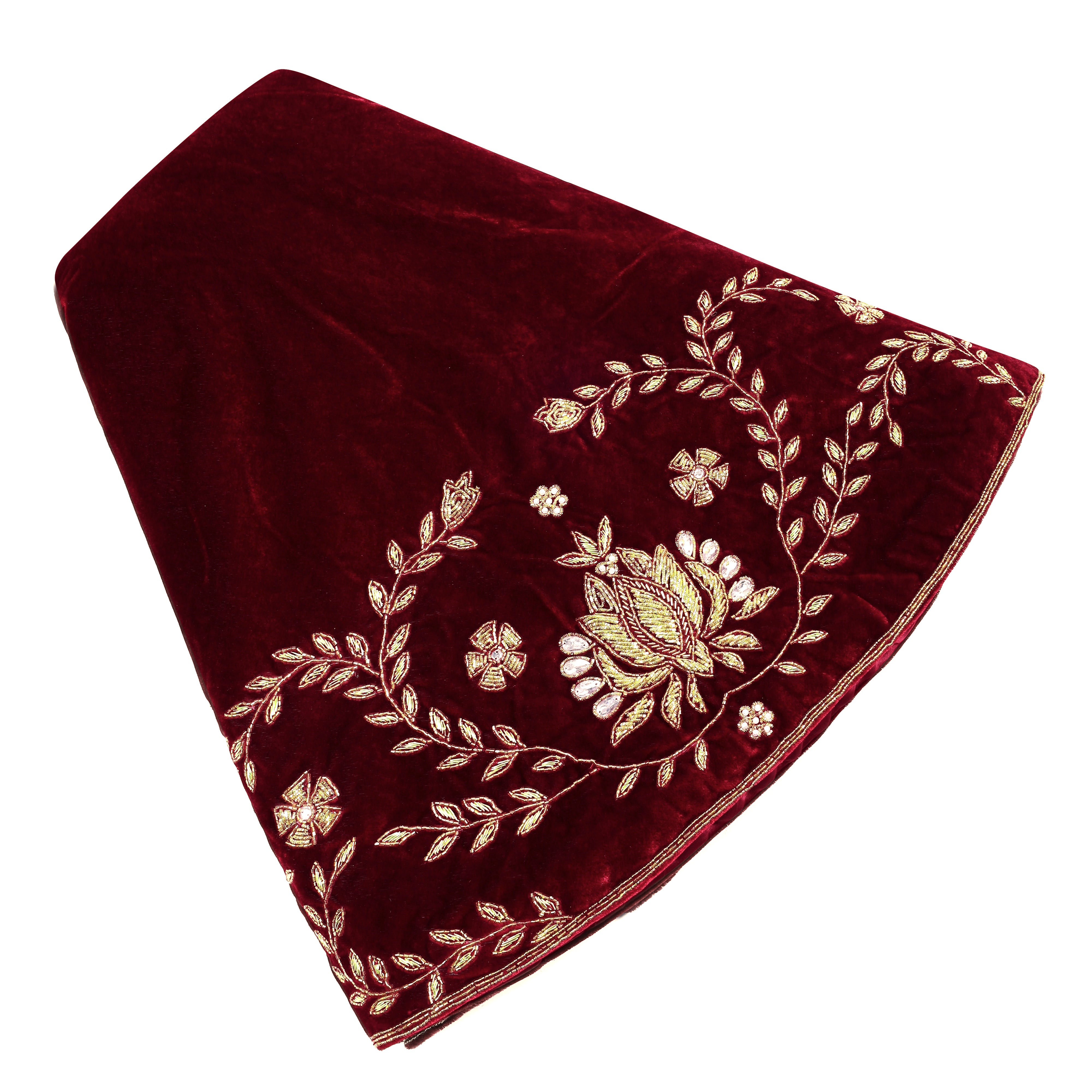 Beaded Lotus Red Velvet Christmas Tree Skirt